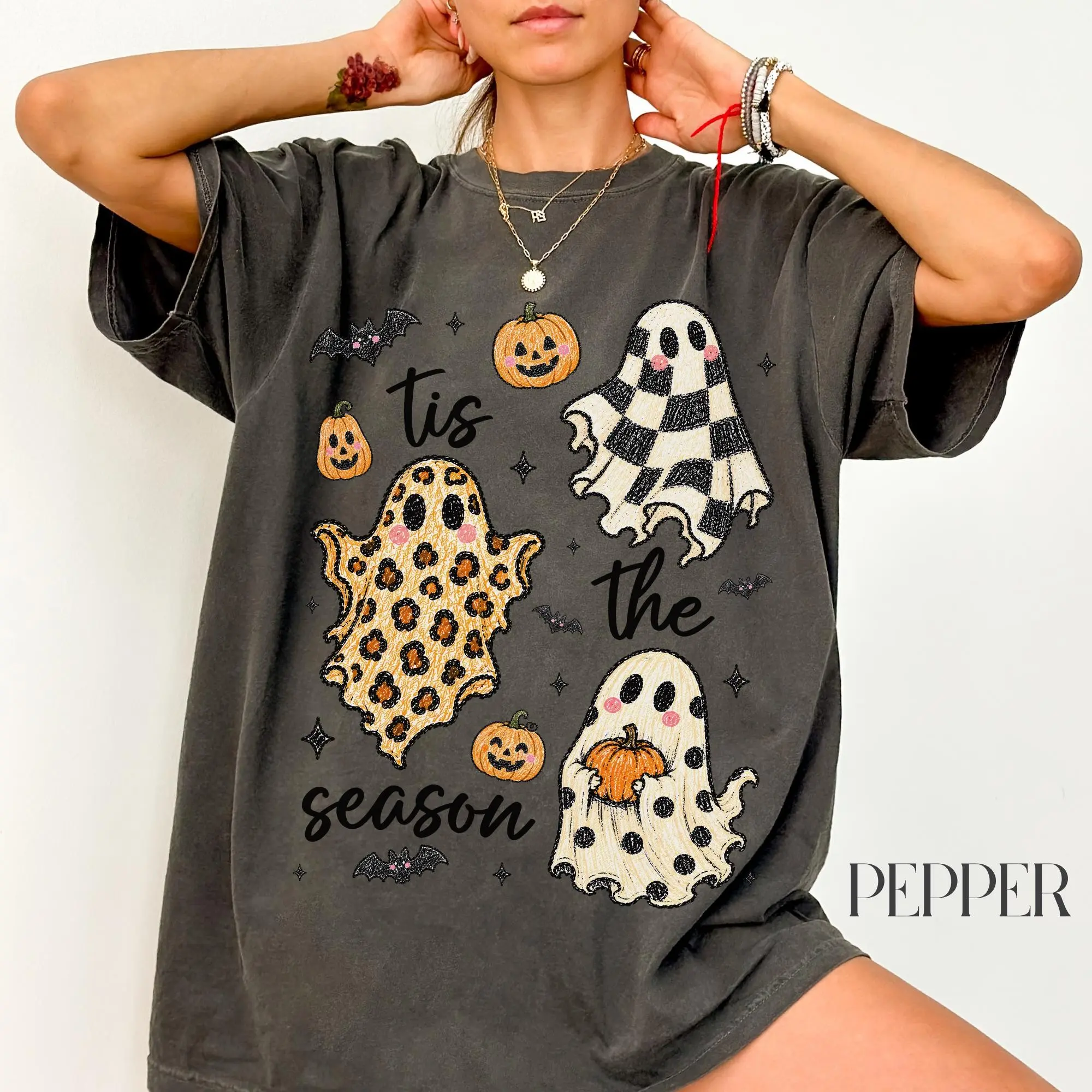 Tis the Season Fall Shirt, Retro Ghost Pumpkin Lover Halloween Graphic Tee Gift for Women - photo 5
