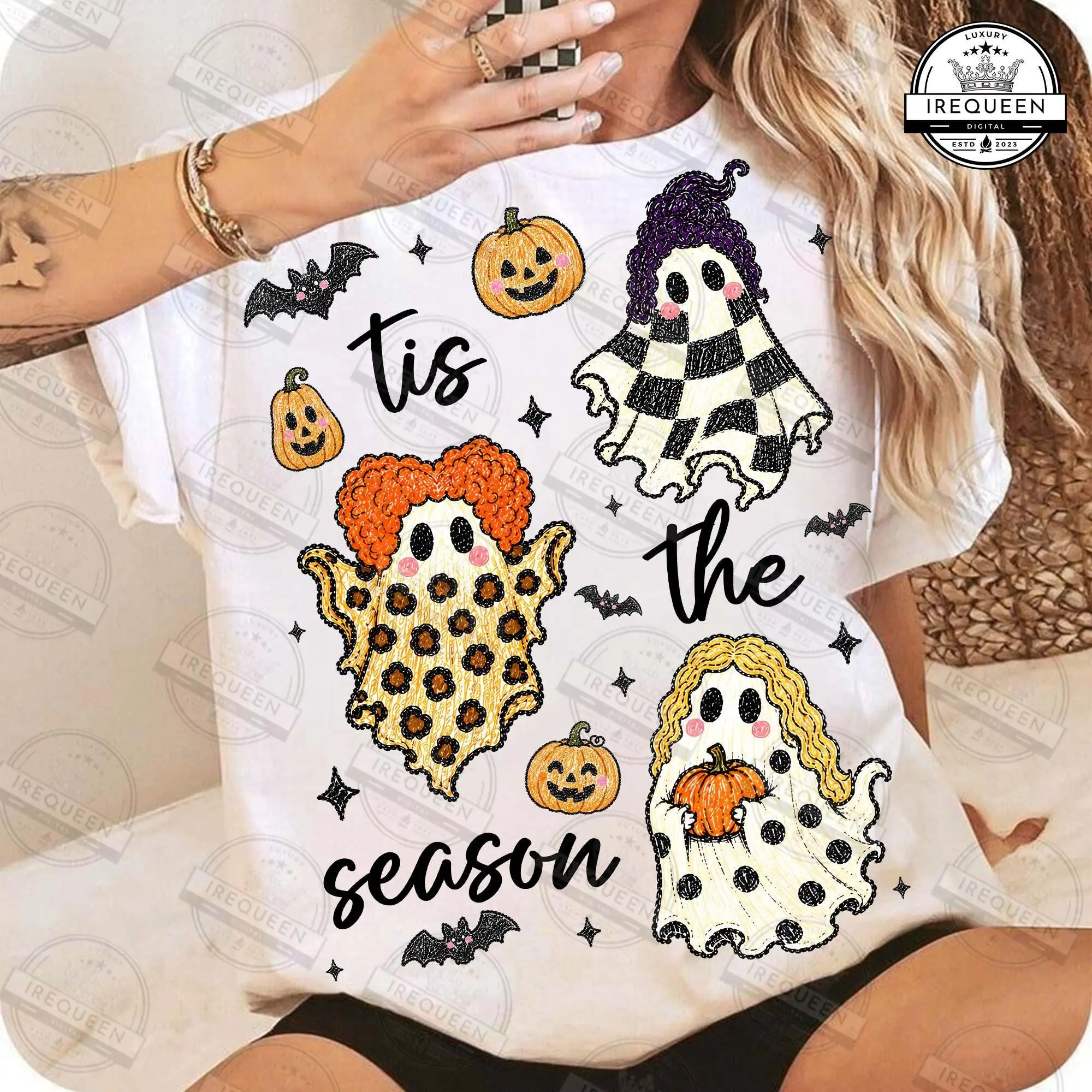 Comfort Colors Tis the Season Ghost Shirt, Checkered Leopard Polka Dot Pumpkin Patch Halloween Witch Tee