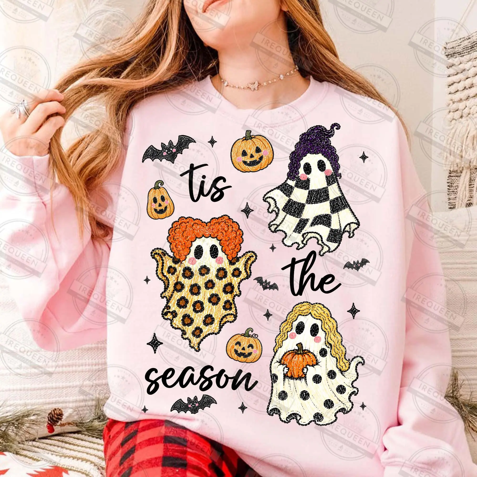 Comfort Colors Tis the Season Ghost Shirt, Checkered Leopard Polka Dot Pumpkin Patch Halloween Witch Tee - photo 2