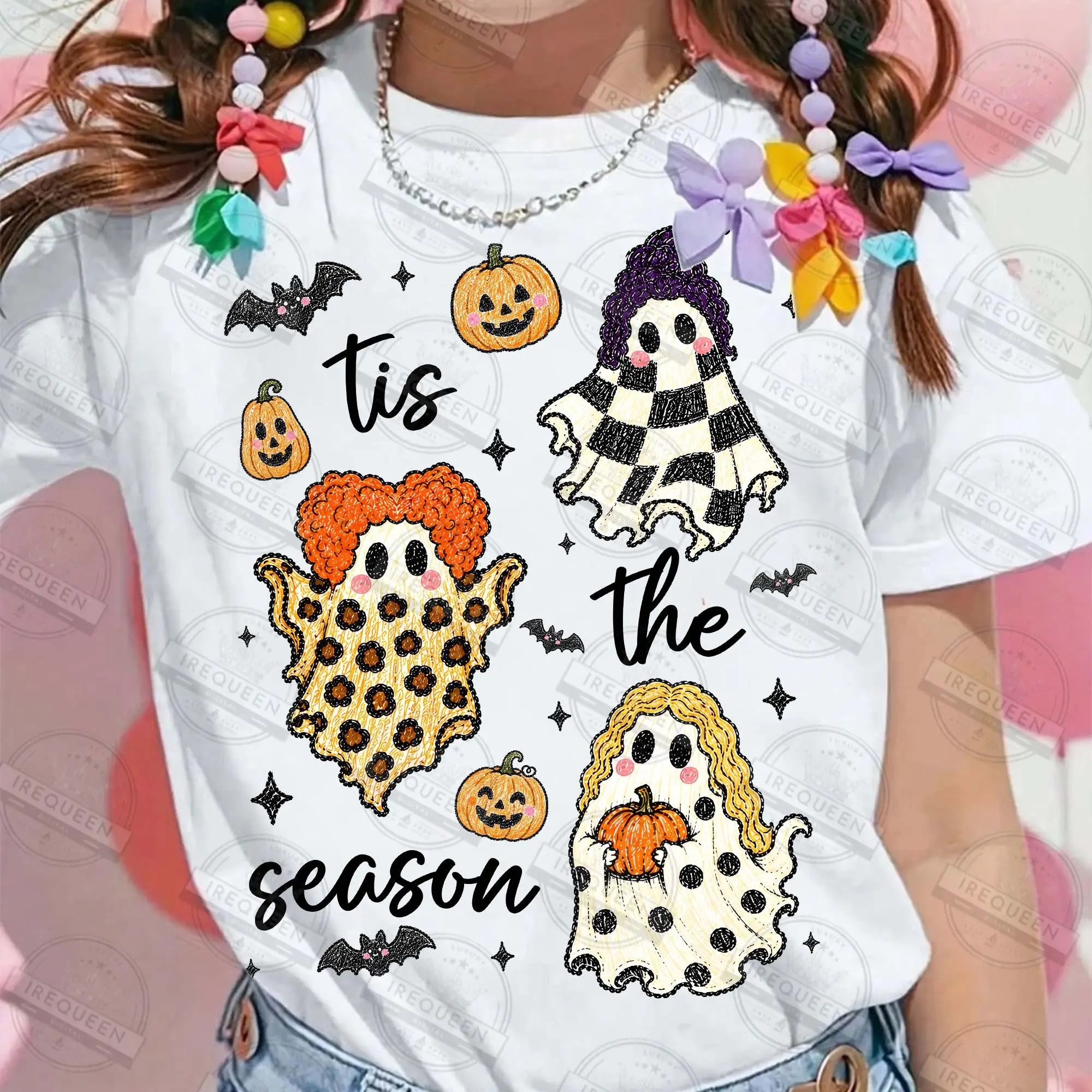 Comfort Colors Tis the Season Ghost Shirt, Checkered Leopard Polka Dot Pumpkin Patch Halloween Witch Tee - photo 3