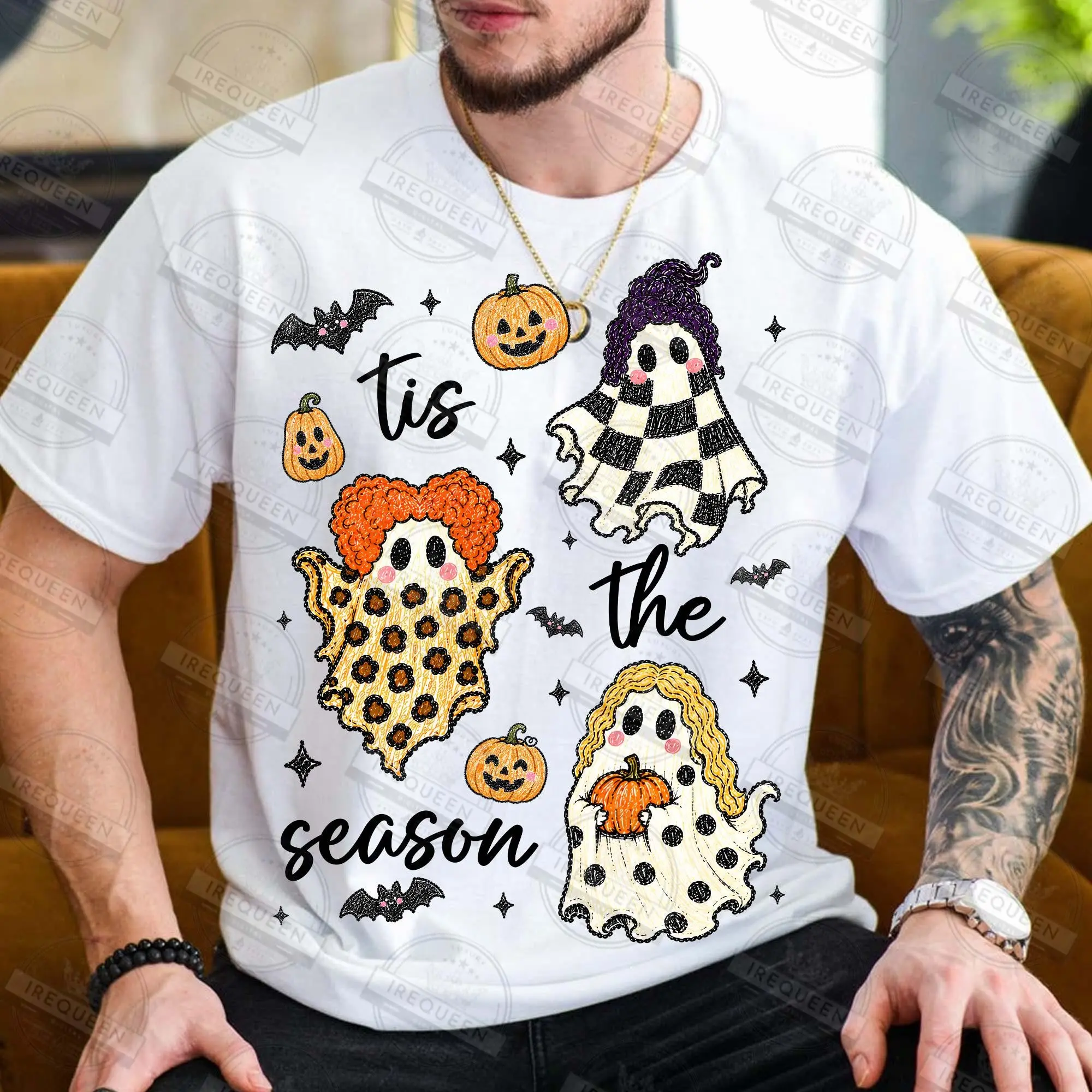 Comfort Colors Tis the Season Ghost Shirt, Checkered Leopard Polka Dot Pumpkin Patch Halloween Witch Tee - photo 4