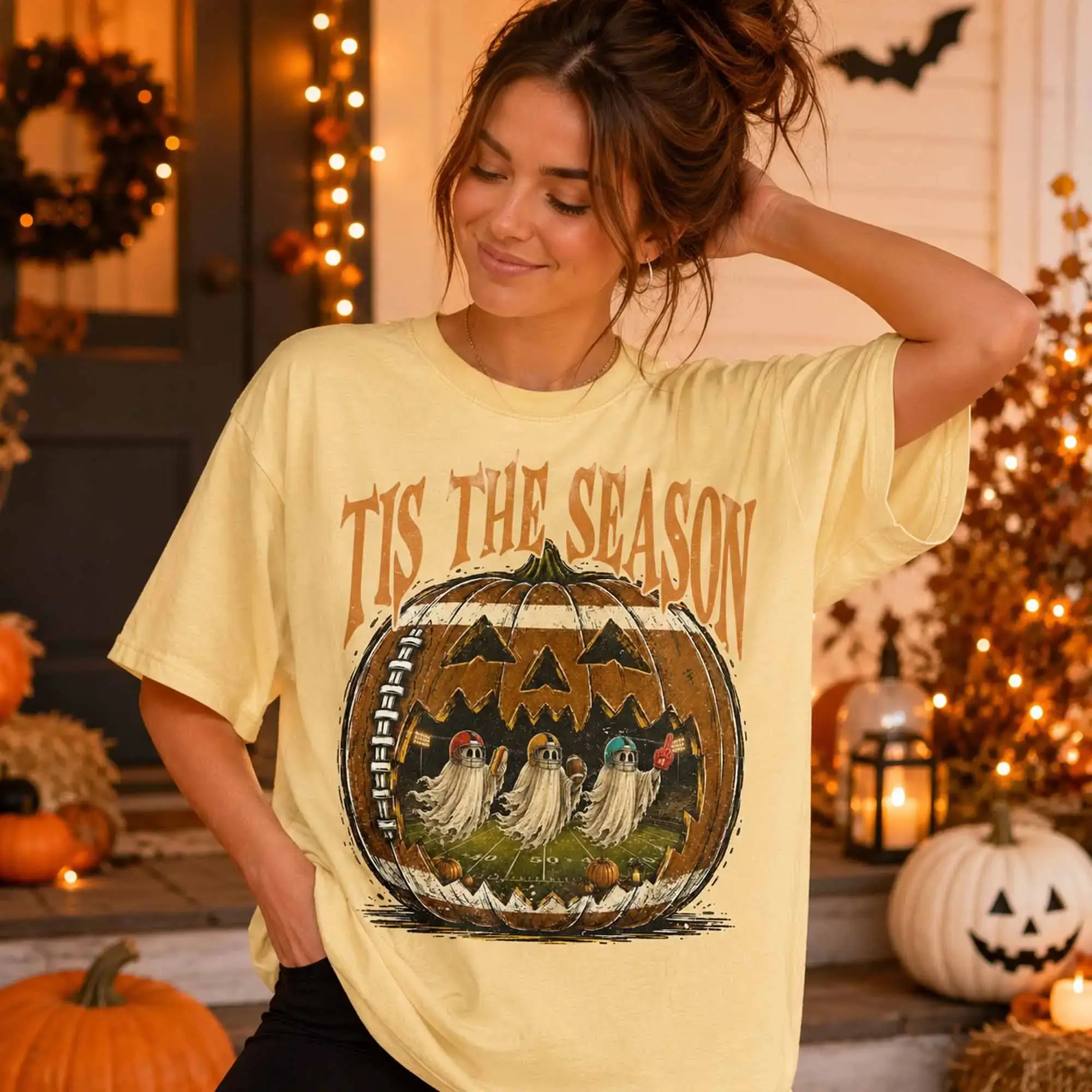 Tis The Season Ghost Shirt, Pumpkin Patch Football Touchdown Graphic Tee, Halloween Fall Gift - photo 3