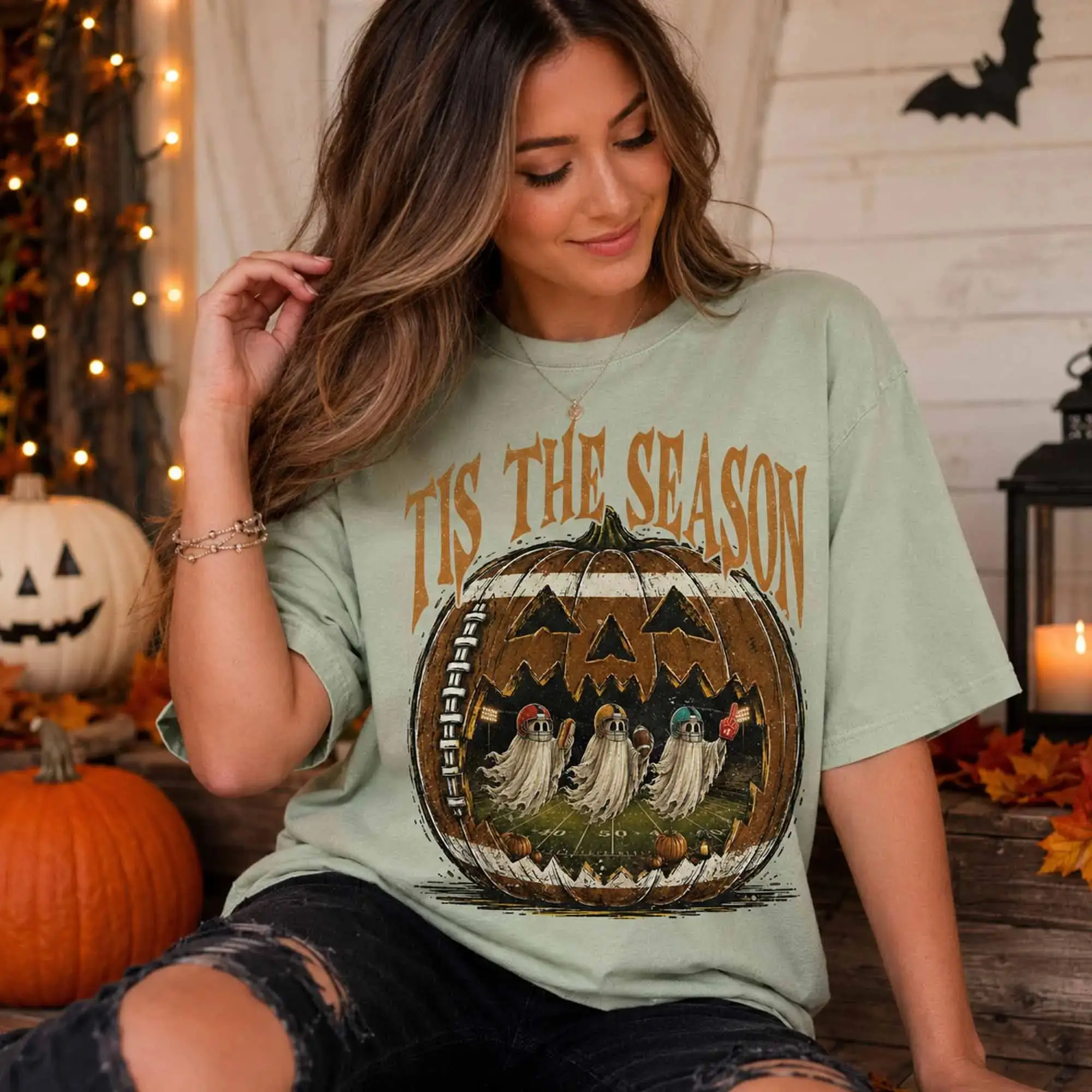 Tis The Season Ghost Shirt, Pumpkin Patch Football Touchdown Graphic Tee, Halloween Fall Gift - photo 4