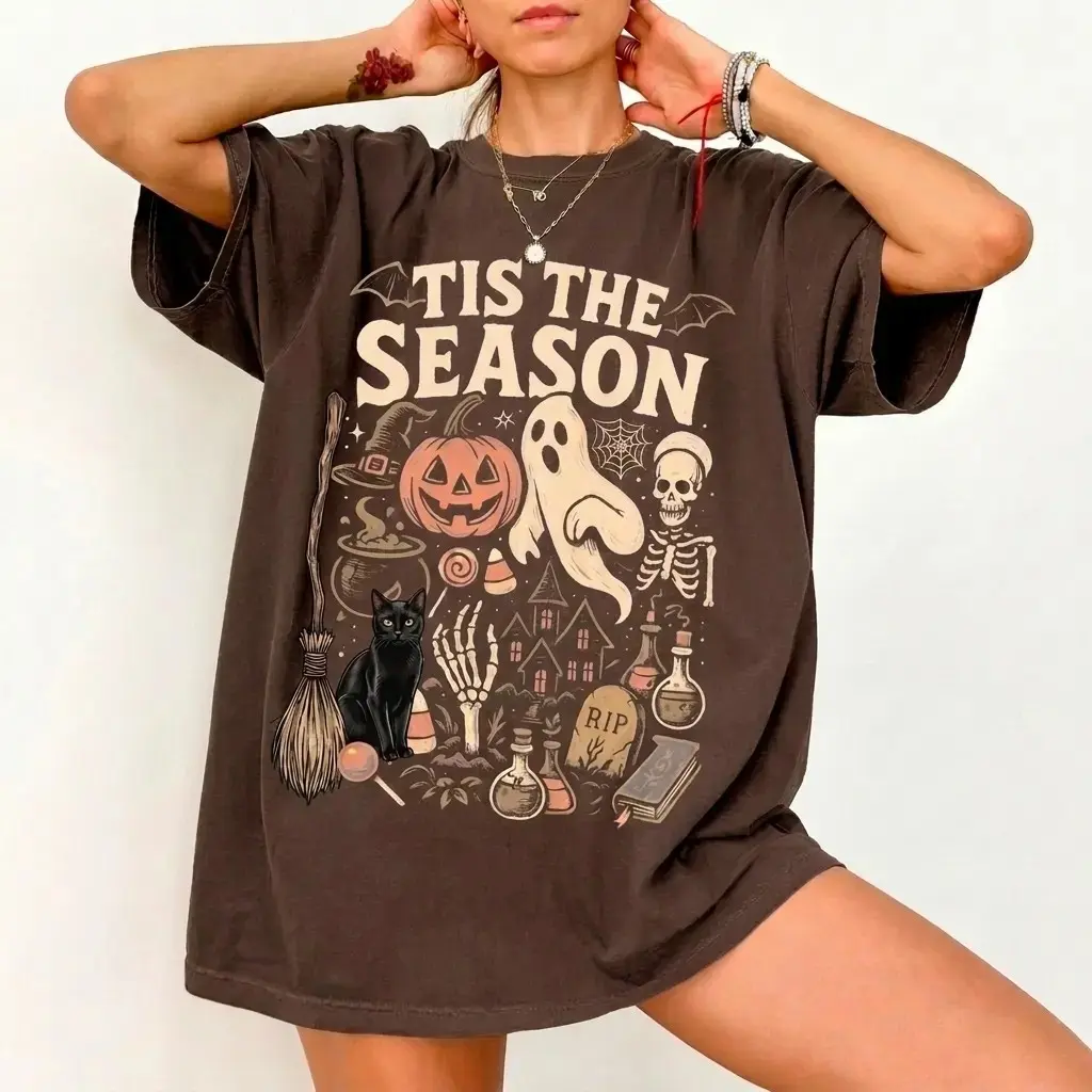 Tis The Season Halloween Comfort Colors Shirt, Ghost Pumpkin Black Cat Graphic Tee, Spooky Fall Top for Women - photo 4