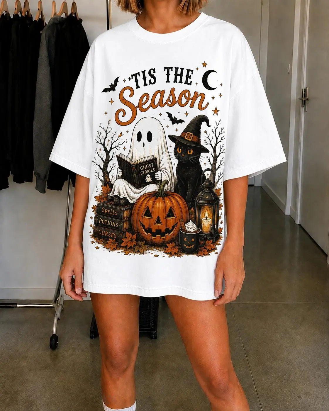 Tis The Season Halloween Shirt, Vintage Ghost Black Cat Pumpkin Witchy Fall Graphic Tee - photo 2