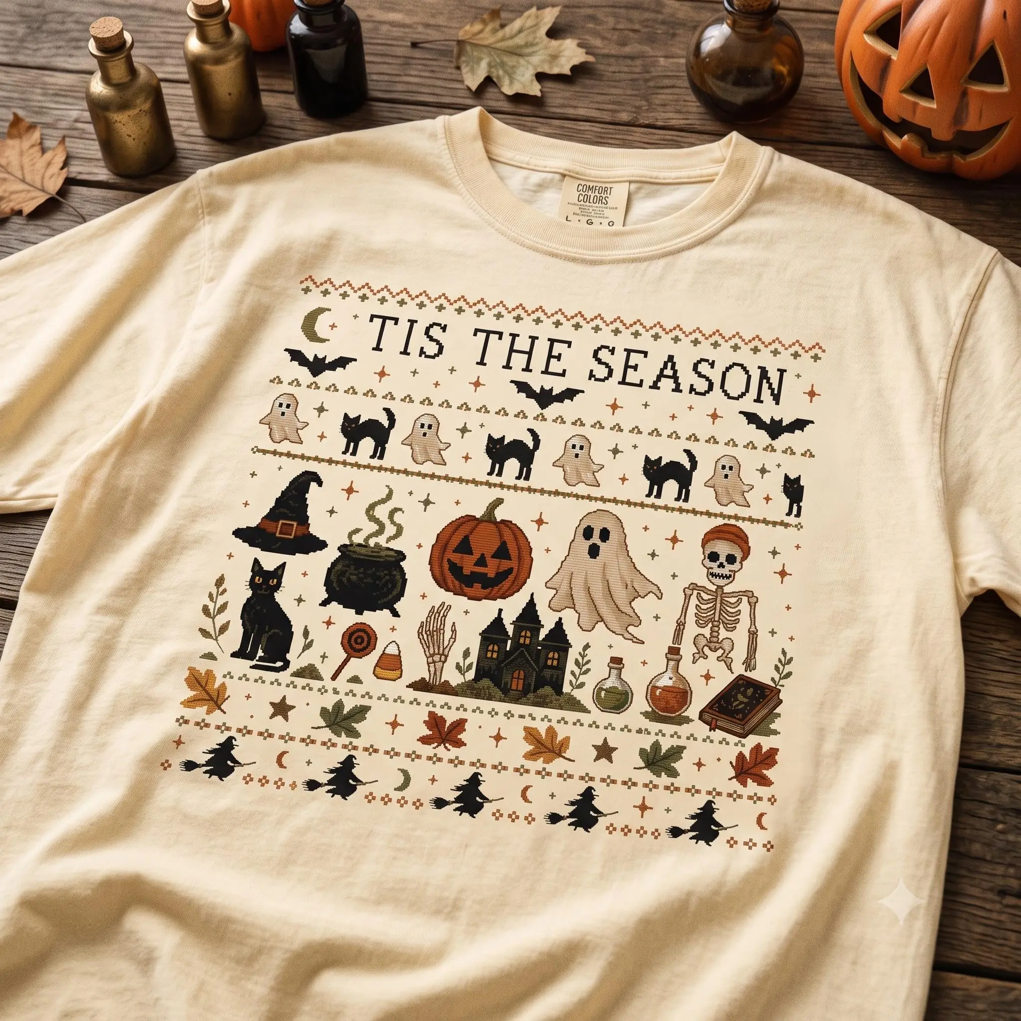 Tis The Season Halloween Shirt, Vintage Ghost Pumpkin Black Cat Graphic Tee, Cute Retro Spooky Womens Unisex Fall Top - photo 2