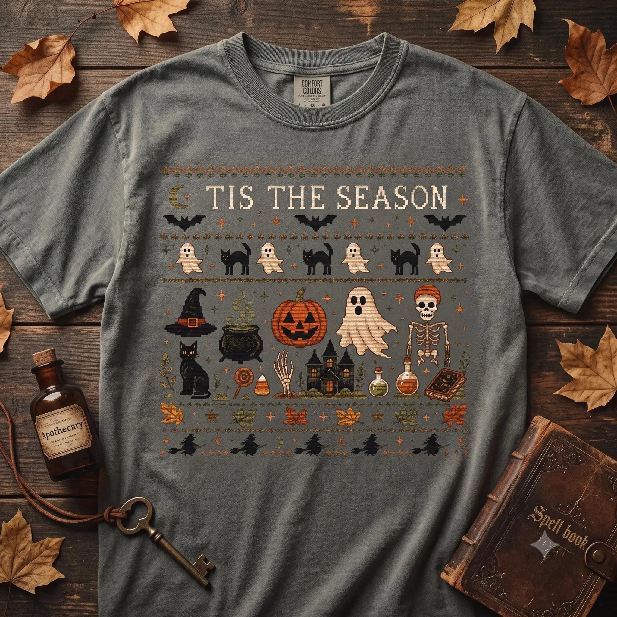Tis The Season Halloween Shirt, Vintage Ghost Pumpkin Black Cat Graphic Tee, Cute Retro Spooky Womens Unisex Fall Top - photo 3