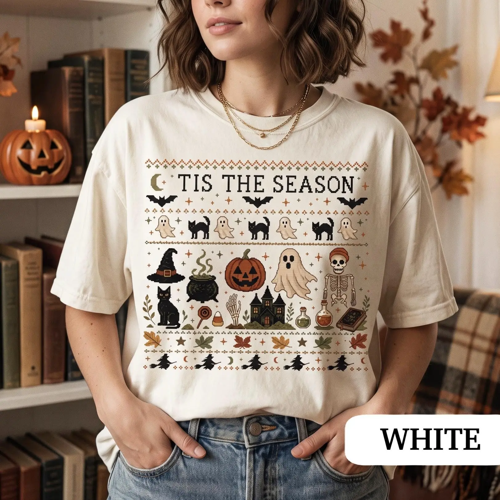 Tis The Season Halloween Shirt, Vintage Ghost Pumpkin Black Cat Graphic Tee, Cute Retro Spooky Womens Unisex Fall Top - photo 4