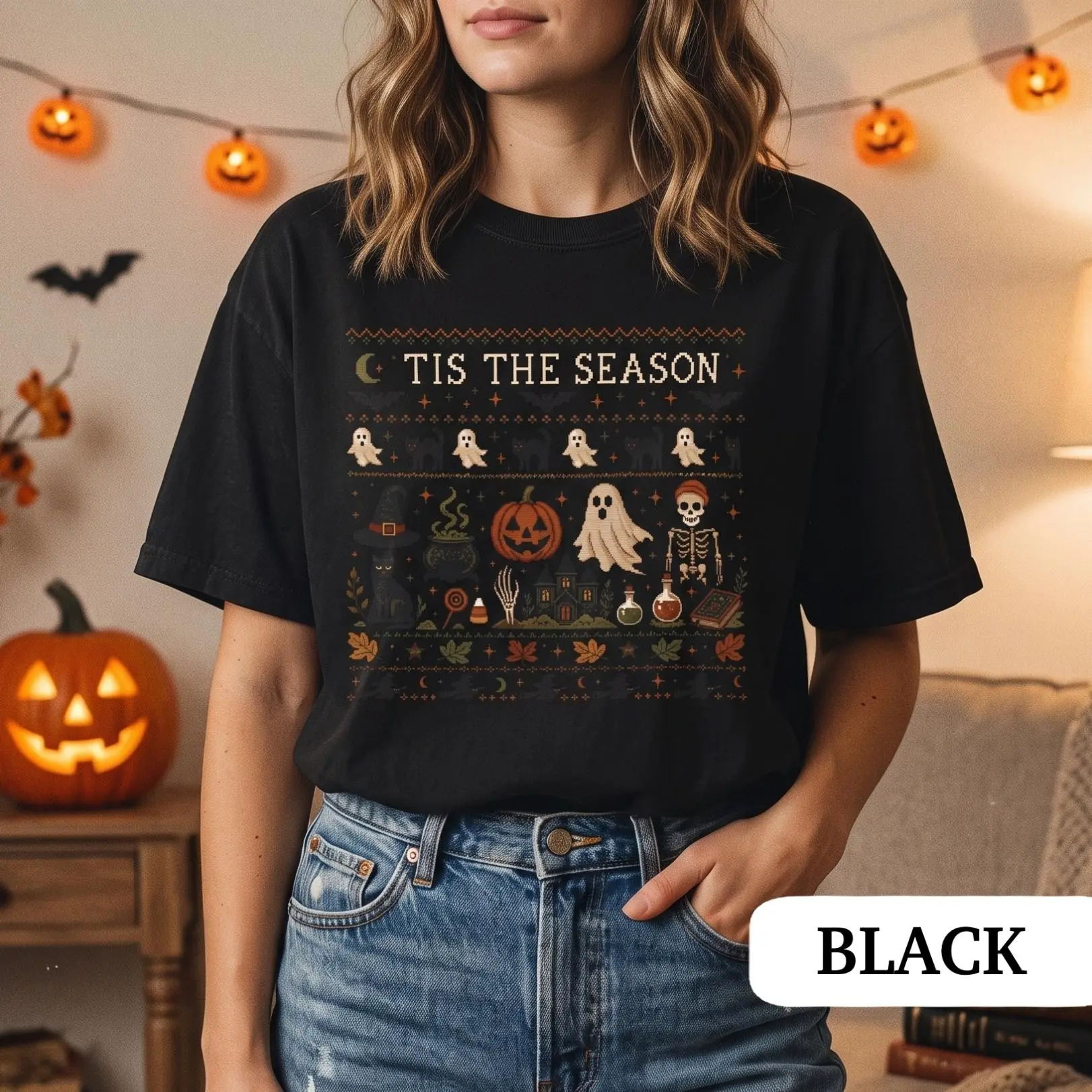 Tis The Season Halloween Shirt, Vintage Ghost Pumpkin Black Cat Graphic Tee, Cute Retro Spooky Womens Unisex Fall Top - photo 5