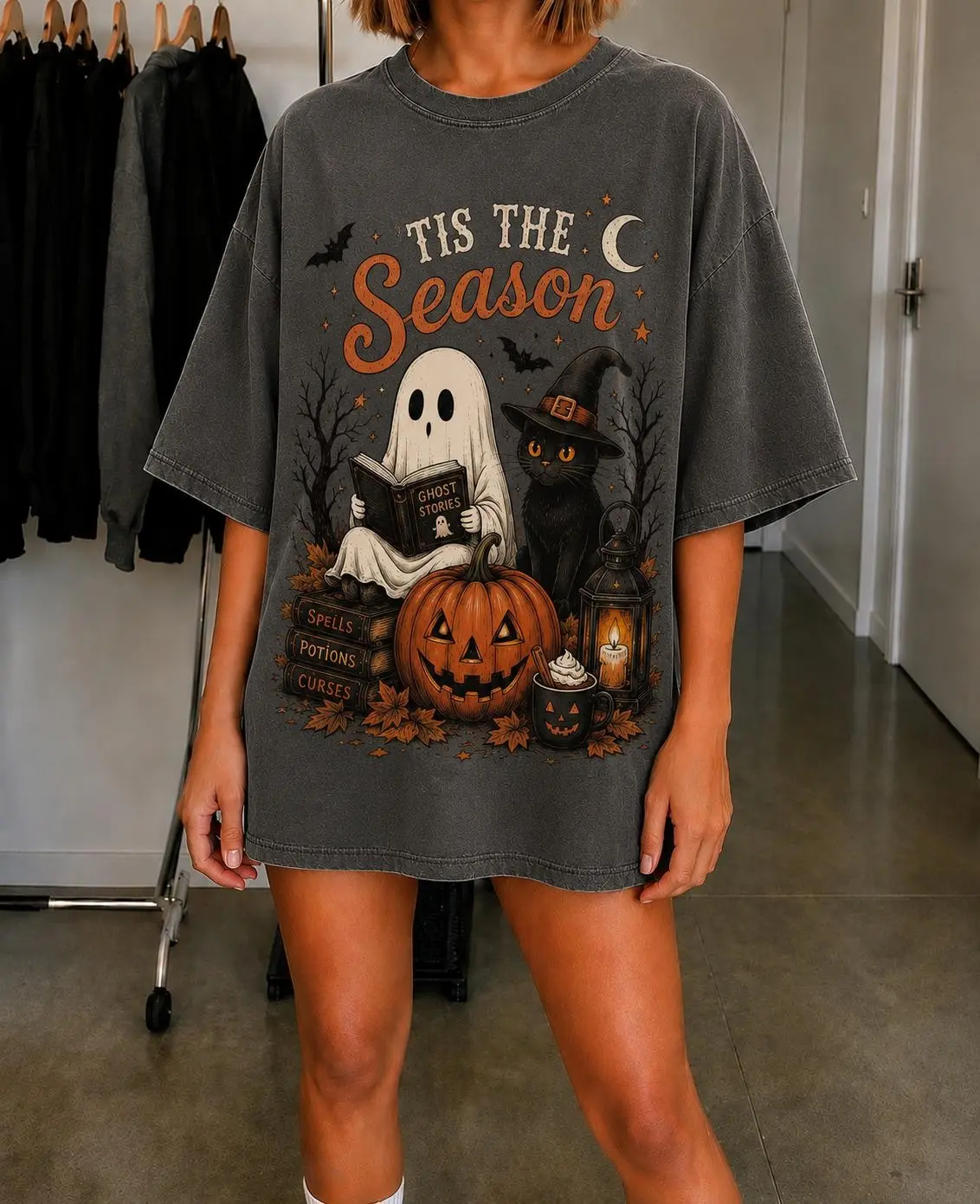 Tis The Season Halloween Sweatshirt, Vintage Ghost Black Cat Pumpkin Witchy Fall Graphic Crewneck - photo 3