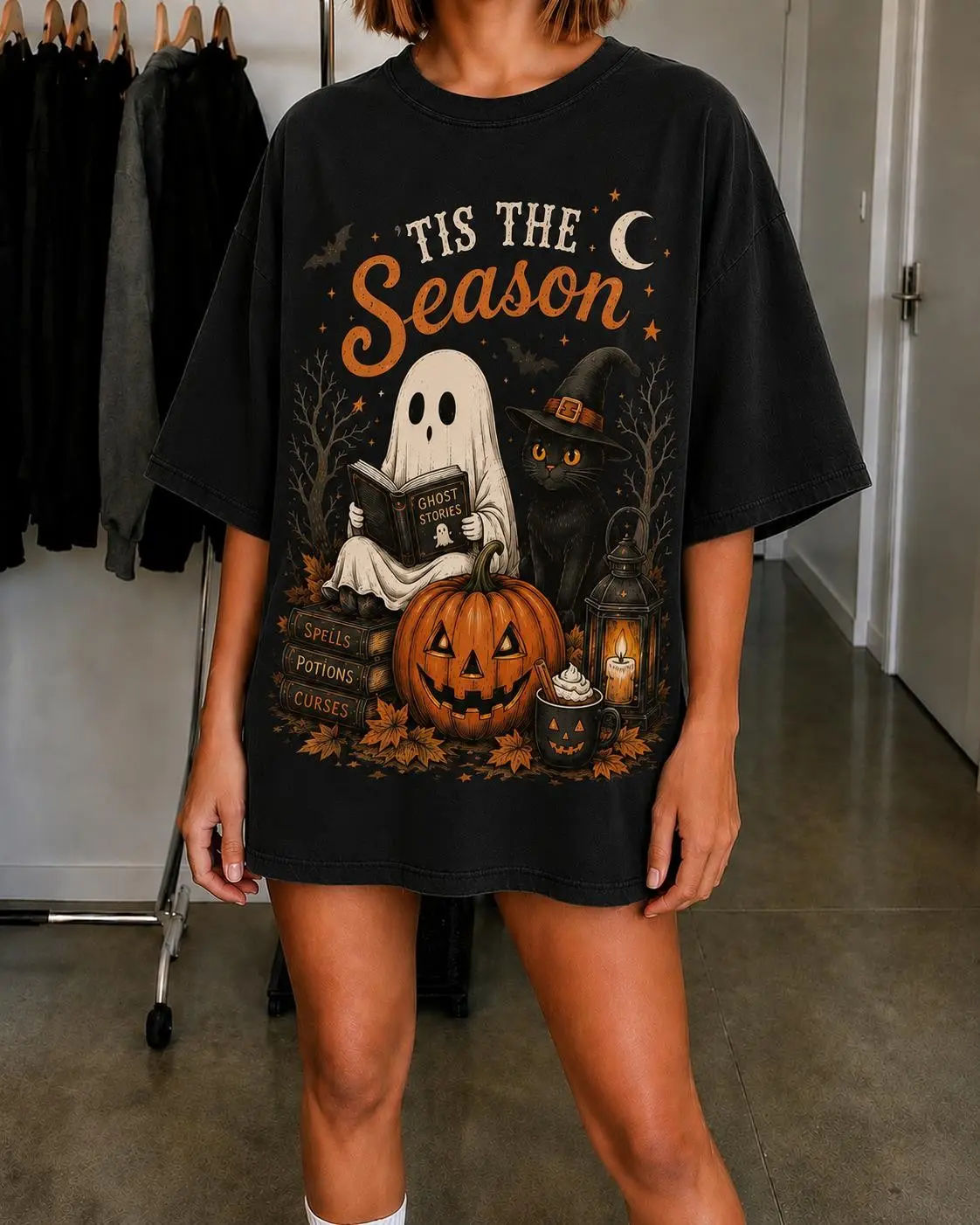 Tis The Season Halloween Sweatshirt, Vintage Ghost Black Cat Pumpkin Witchy Fall Graphic Crewneck - photo 4