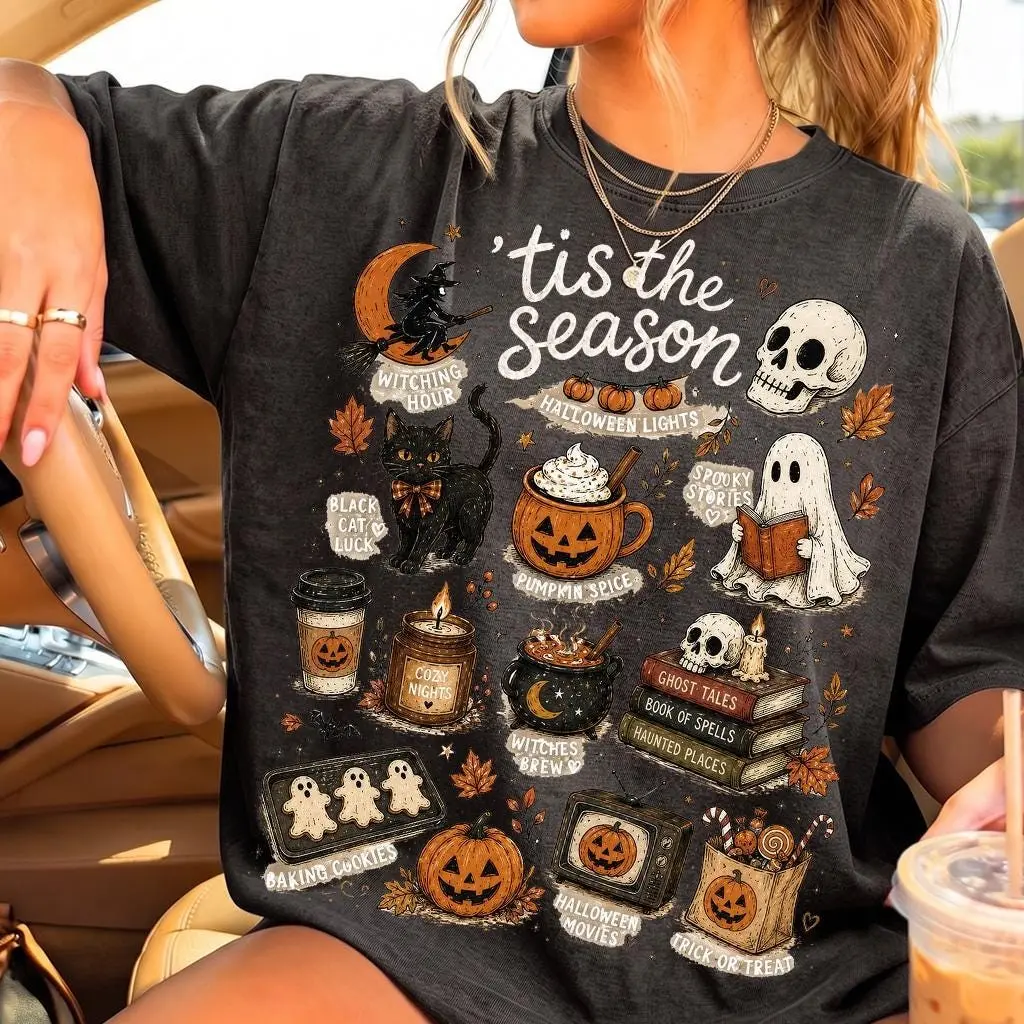 Tis The Season Halloween Womens T-Shirt, Cozy Spooky Fall Pumpkin Spice Ghost Books Black Cat Vintage Autumn Graphic Tee