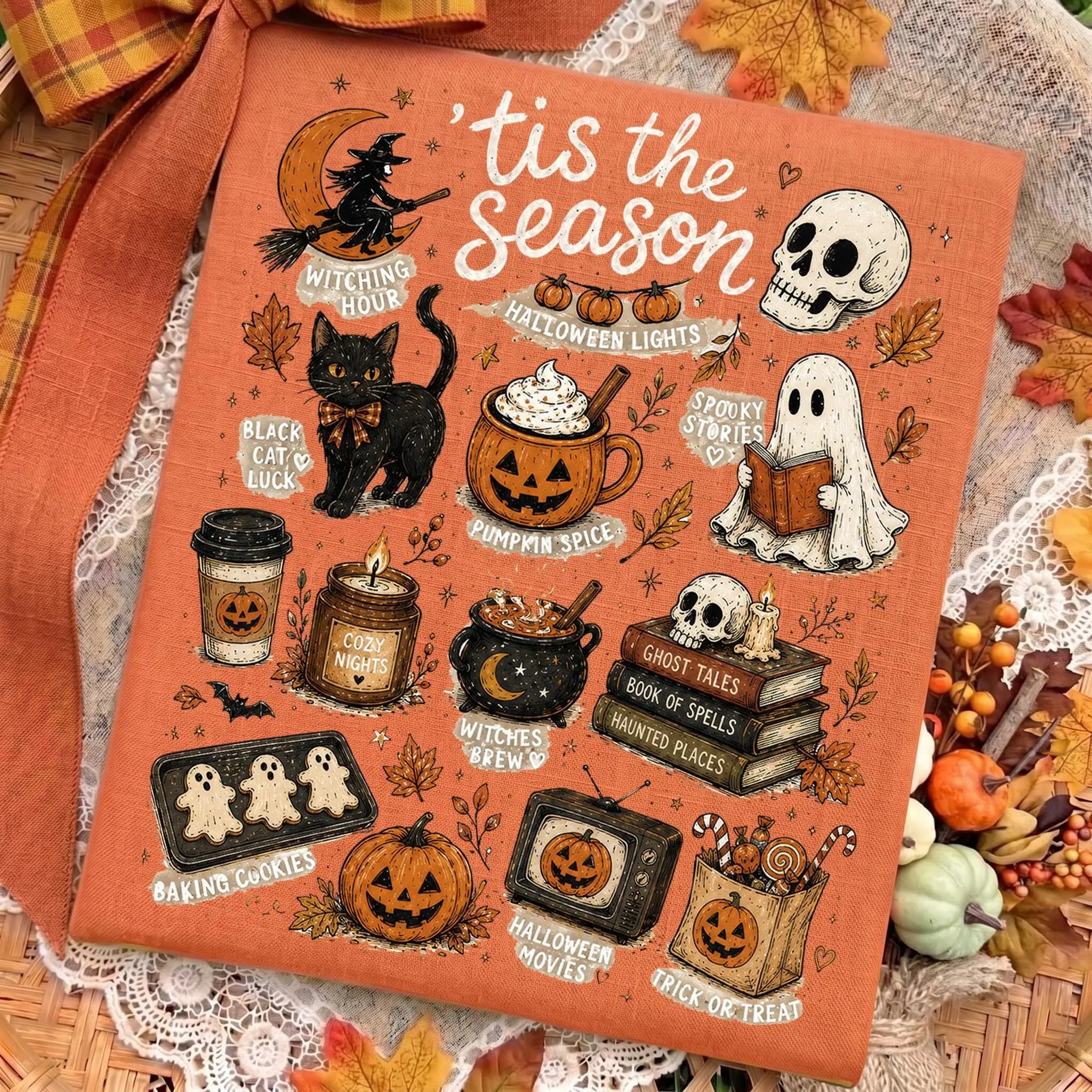 Tis The Season Halloween Womens T-Shirt, Cozy Spooky Fall Pumpkin Spice Ghost Books Black Cat Vintage Autumn Graphic Tee - photo 2