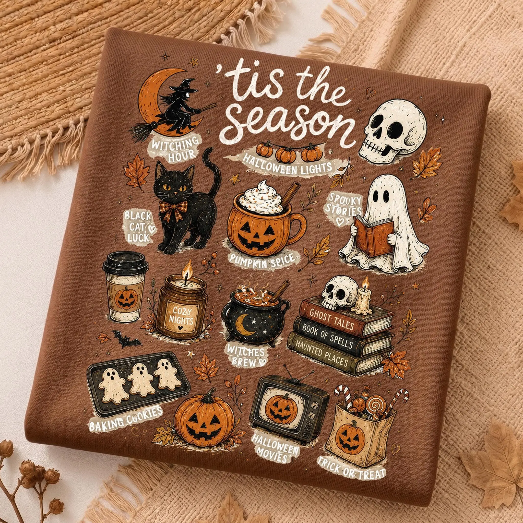Tis The Season Halloween Womens T-Shirt, Cozy Spooky Fall Pumpkin Spice Ghost Books Black Cat Vintage Autumn Graphic Tee - photo 3