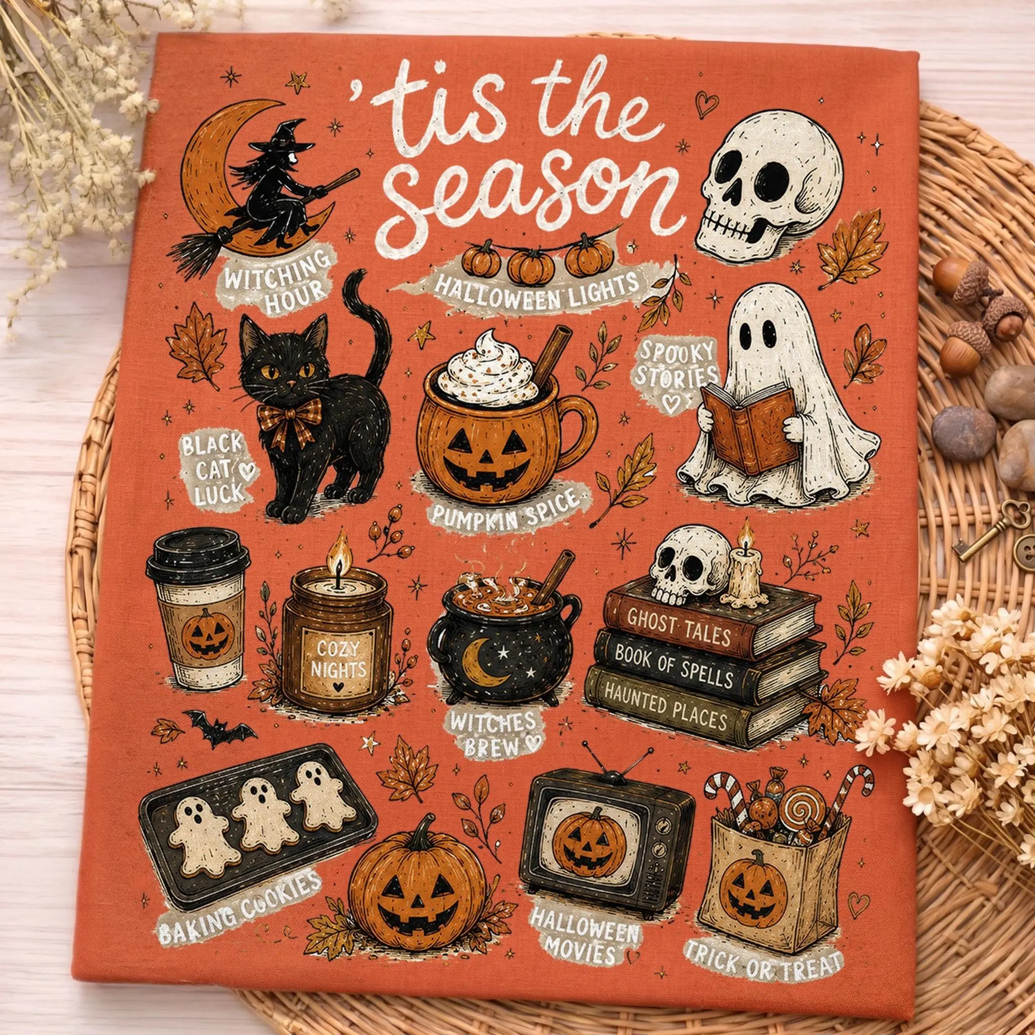 Tis The Season Halloween Womens T-Shirt, Cozy Spooky Fall Pumpkin Spice Ghost Books Black Cat Vintage Autumn Graphic Tee - photo 4