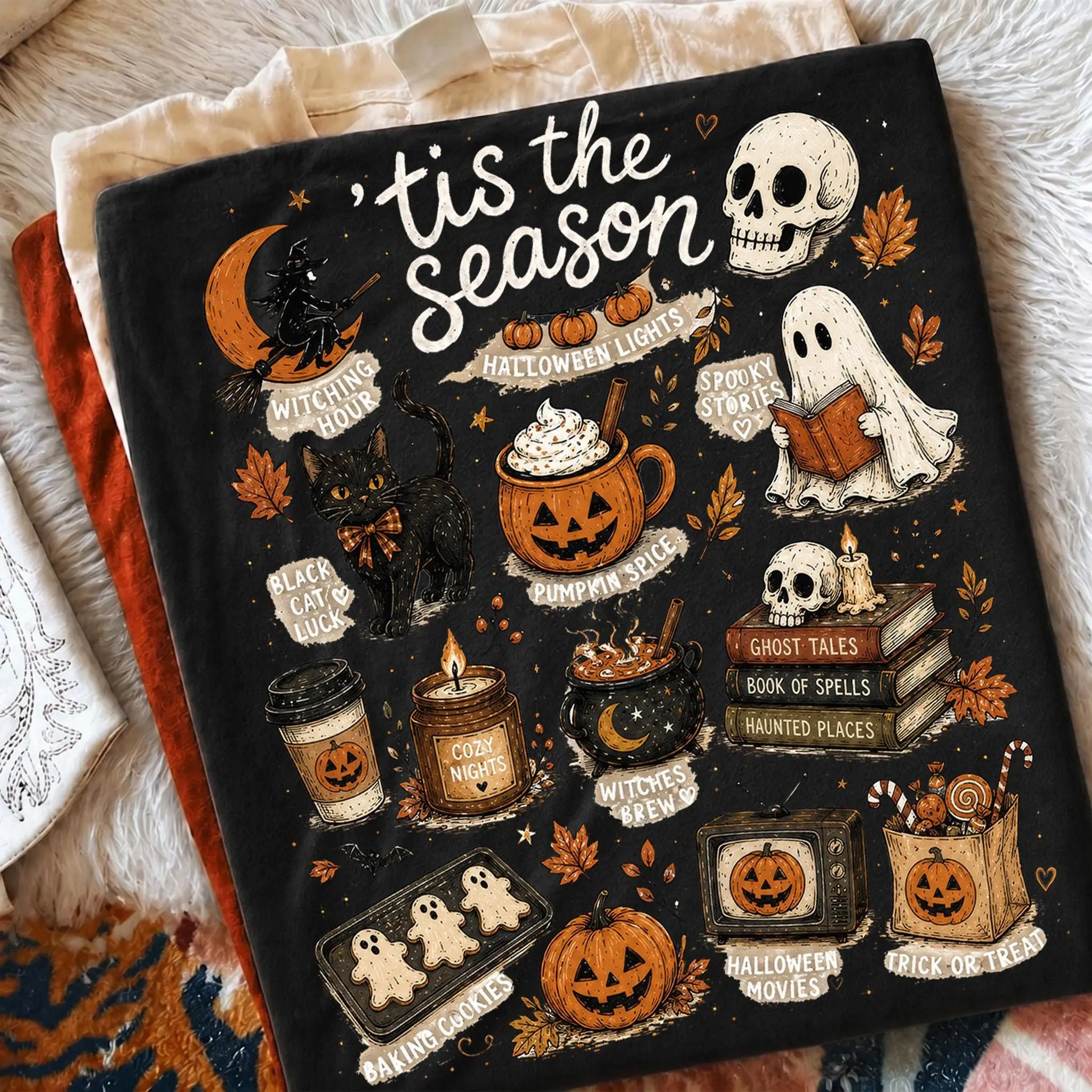 Tis The Season Halloween Womens T-Shirt, Cozy Spooky Fall Pumpkin Spice Ghost Books Black Cat Vintage Autumn Graphic Tee - photo 5