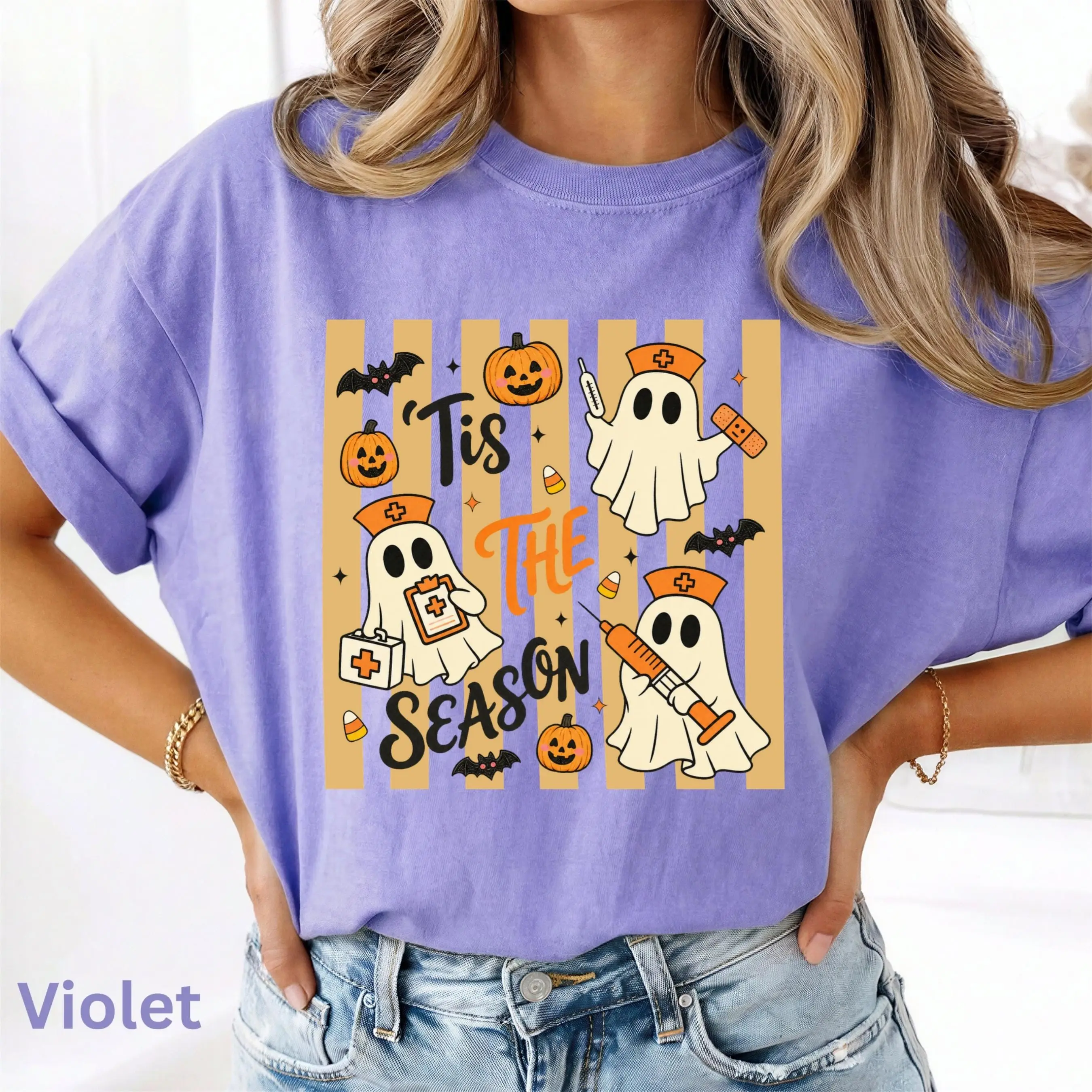 Comfort Colors Tis The Season Nurse Halloween Shirt, Spooky Ghost Medical Fall Gift Tee - photo 3