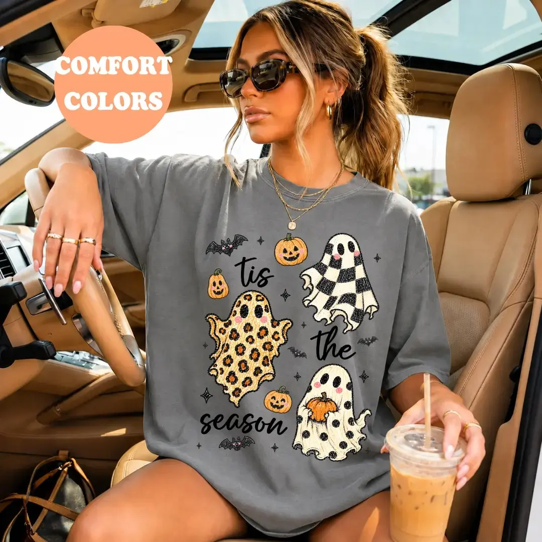Comfort Colors Tis the Season Checkered Leopard Ghost Shirt, Trendy Spooky Halloween Graphic Tee - photo 3