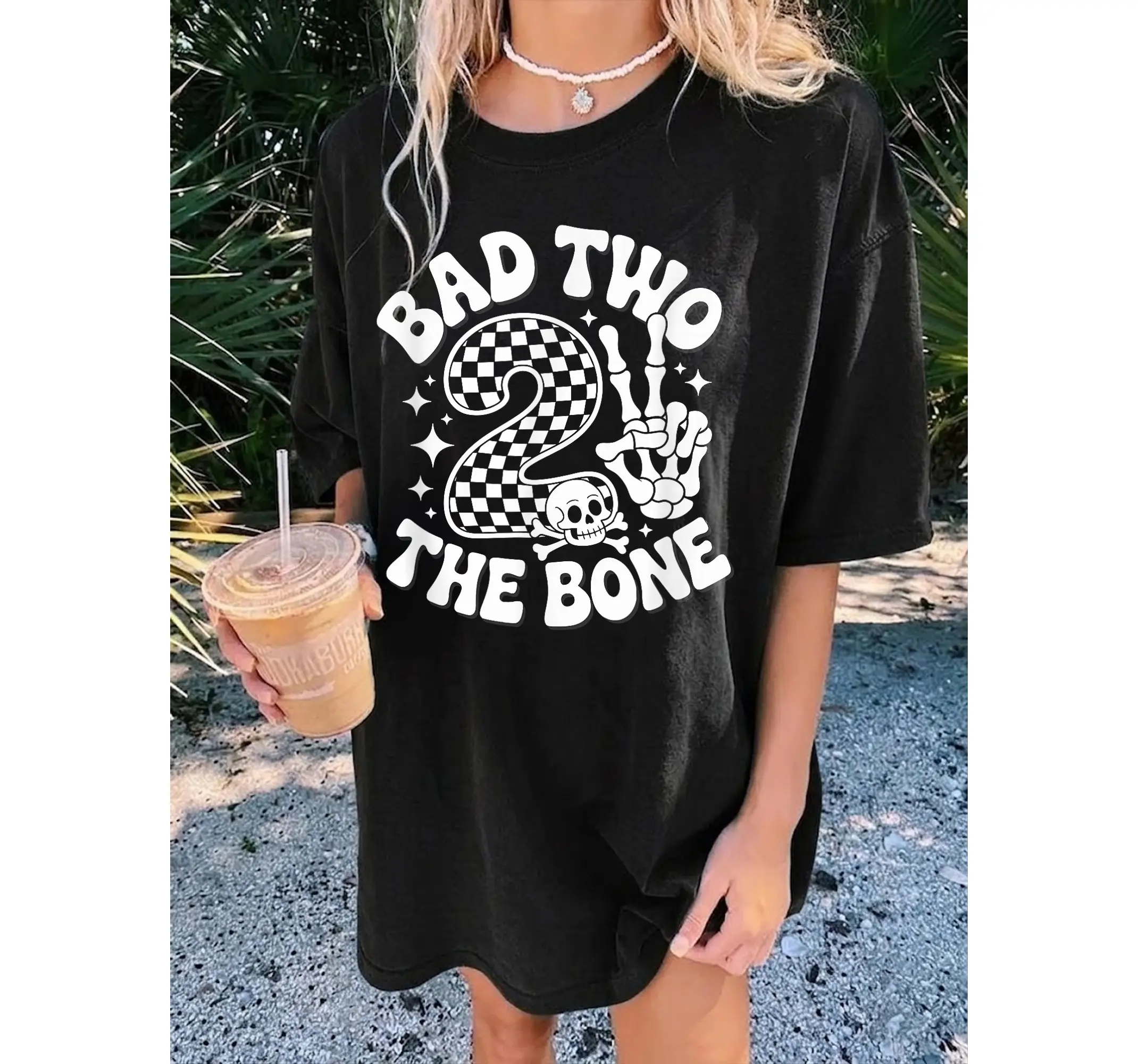 Toddler 2nd Birthday Skeleton Shirt, Bad Two The Bone Vintage Biker Graphic Tee - photo 2