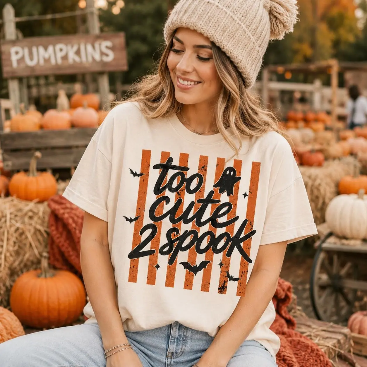 Comfort Colors Too Cute To Spook Shirt, Ghost Halloween Tee, Orange Stripe Graphic Top, Spooky Season Gift For Her