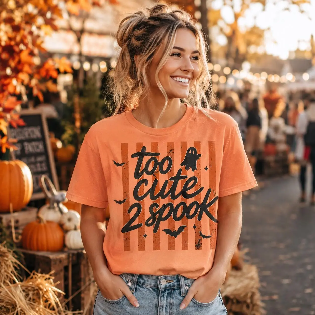 Comfort Colors Too Cute To Spook Shirt, Ghost Halloween Tee, Orange Stripe Graphic Top, Spooky Season Gift For Her - photo 3