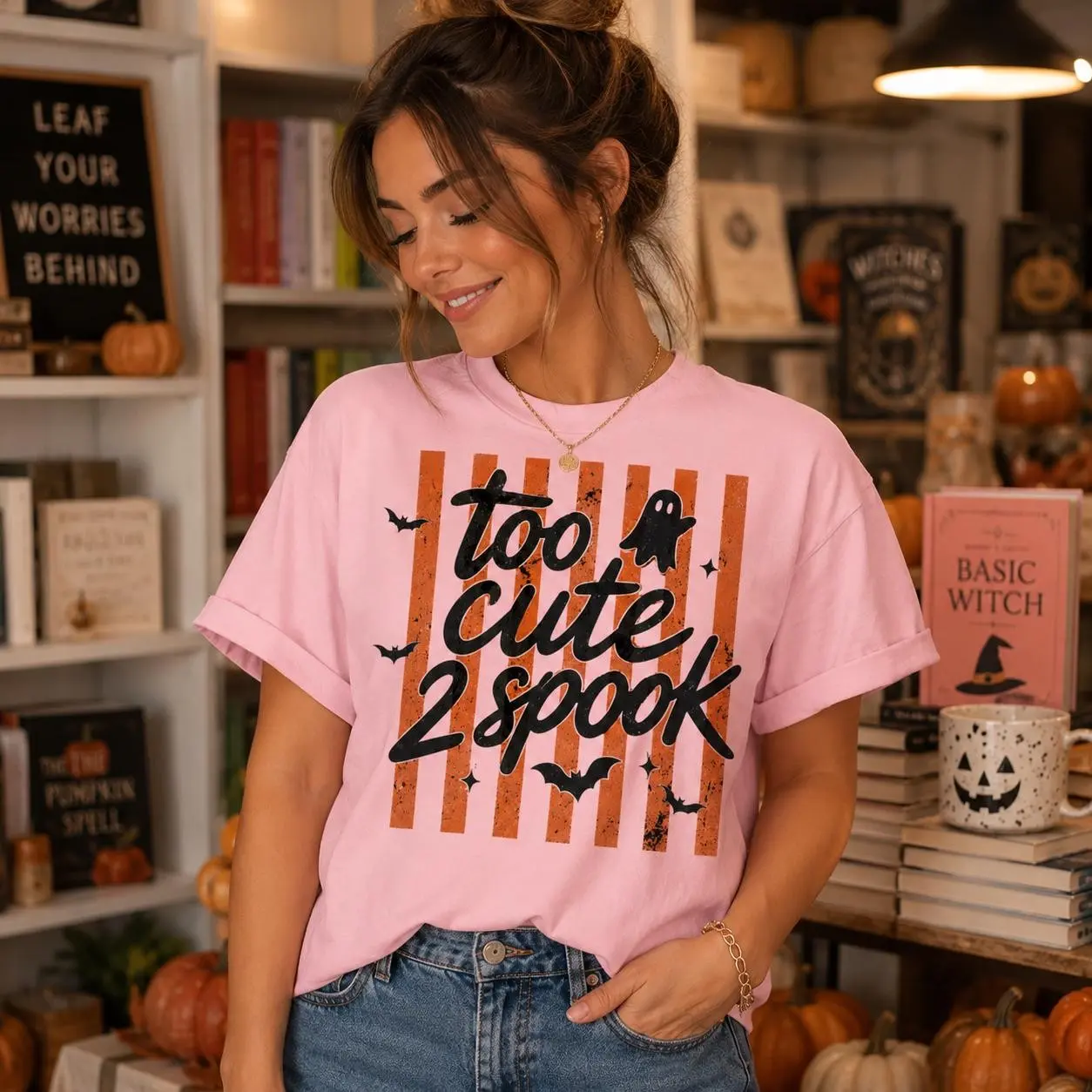 Comfort Colors Too Cute To Spook Shirt, Ghost Halloween Tee, Orange Stripe Graphic Top, Spooky Season Gift For Her - photo 4