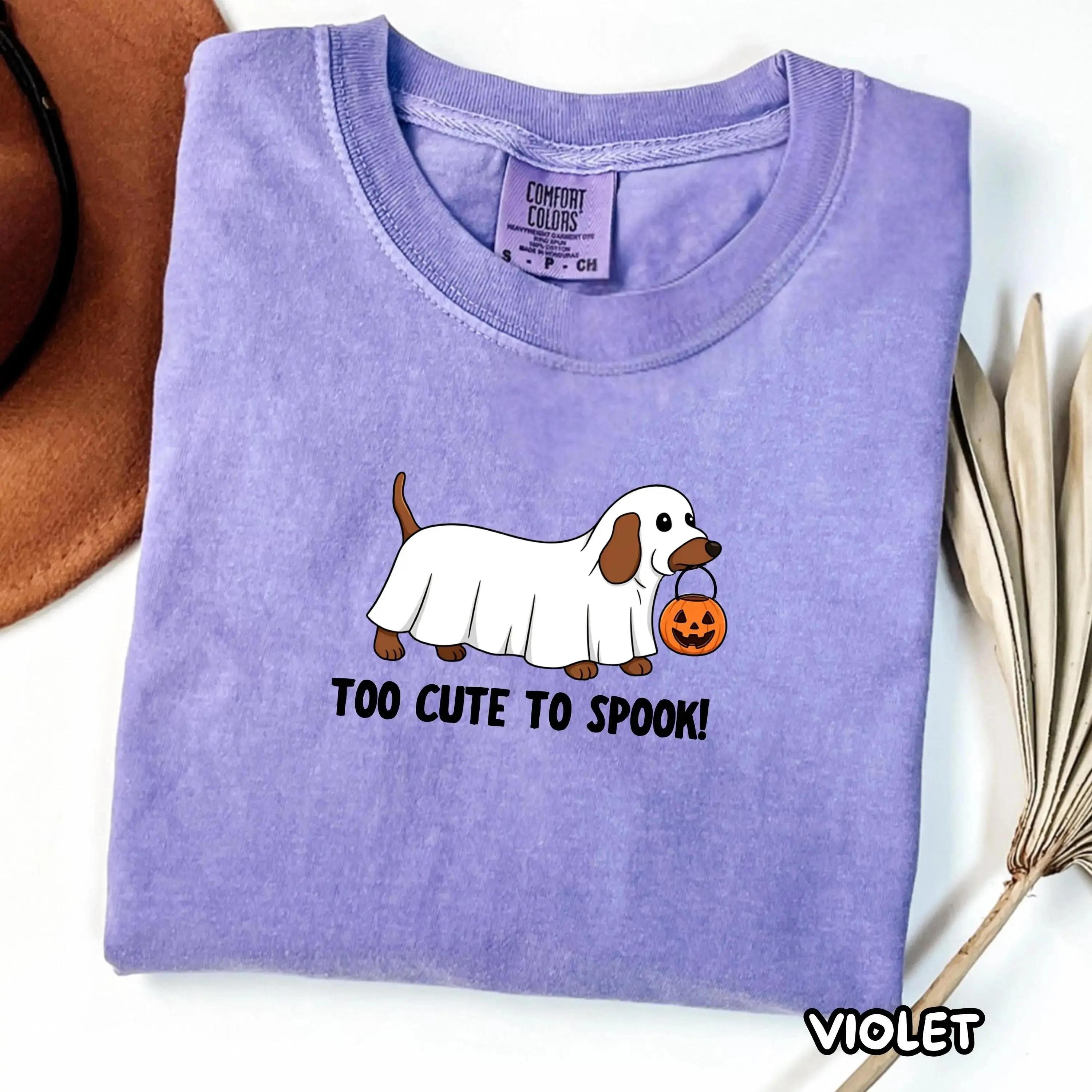 Comfort Colors Too Cute Too Spook Halloween Dachshund Ghost Shirt, Doxie Wiener Dog Pumpkin Autumn Lover Tee