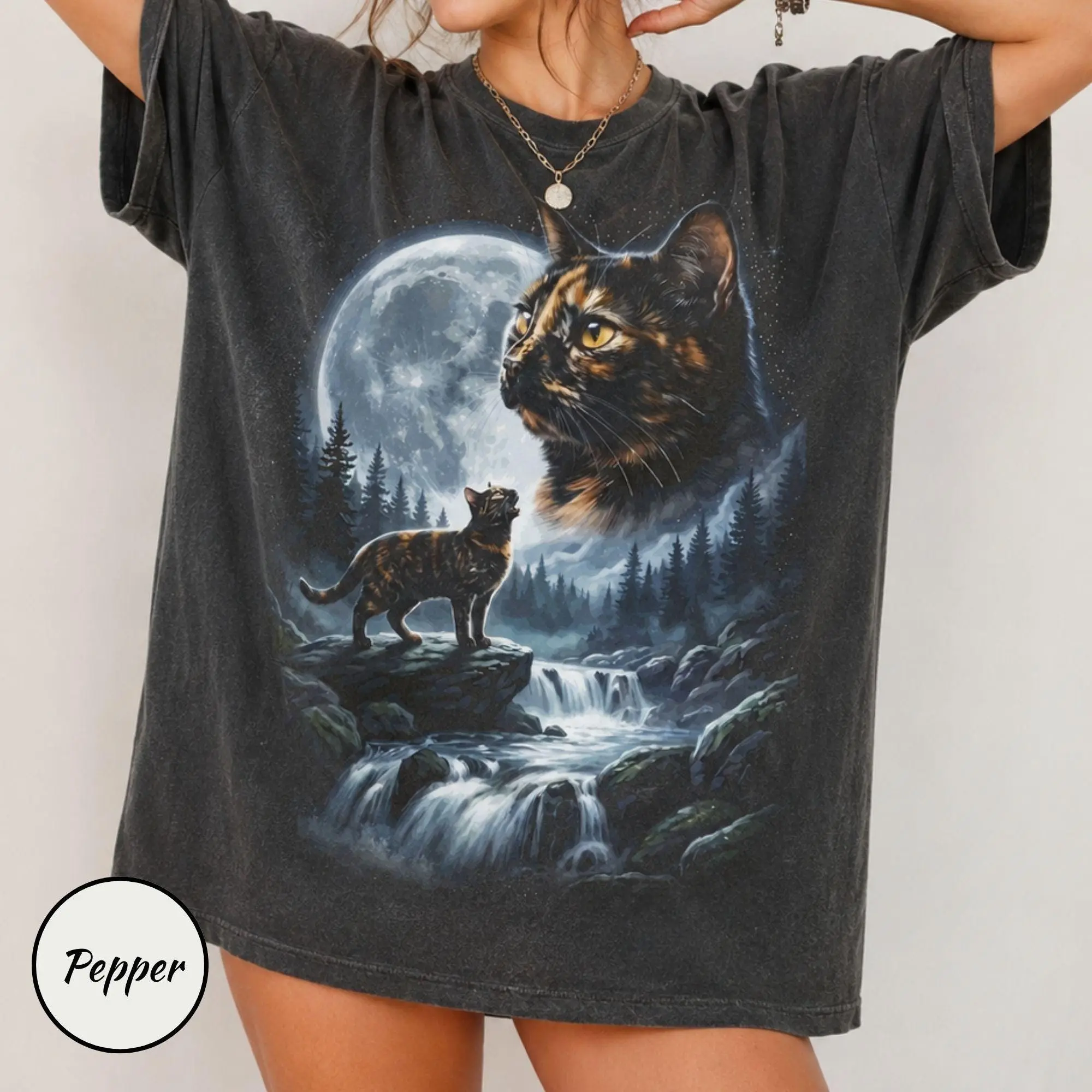 Comfort Colors Tortie Cat Howling to the Moon Shirt, Funny Tortoiseshell Halloween Lover Gift Tee for Women - photo 2