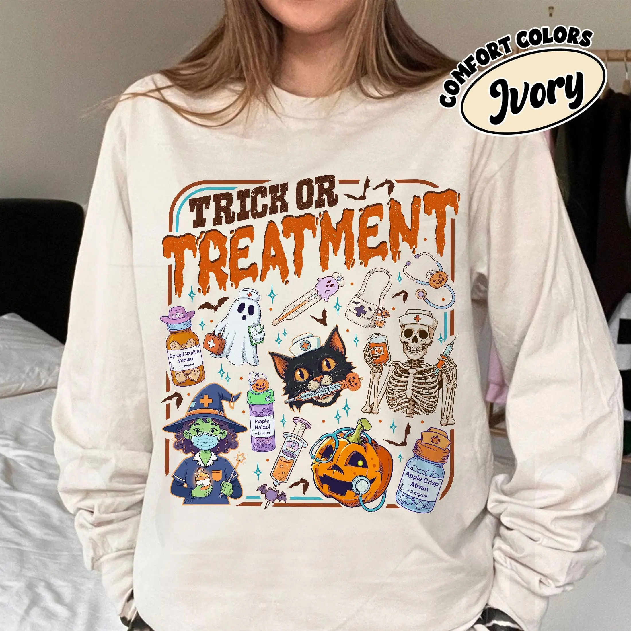 Comfort Colors Treat Or Treatment Shirt, Halloween Spooky Ghost Nurse Graphic Tee, Nursing Student Gift - photo 2
