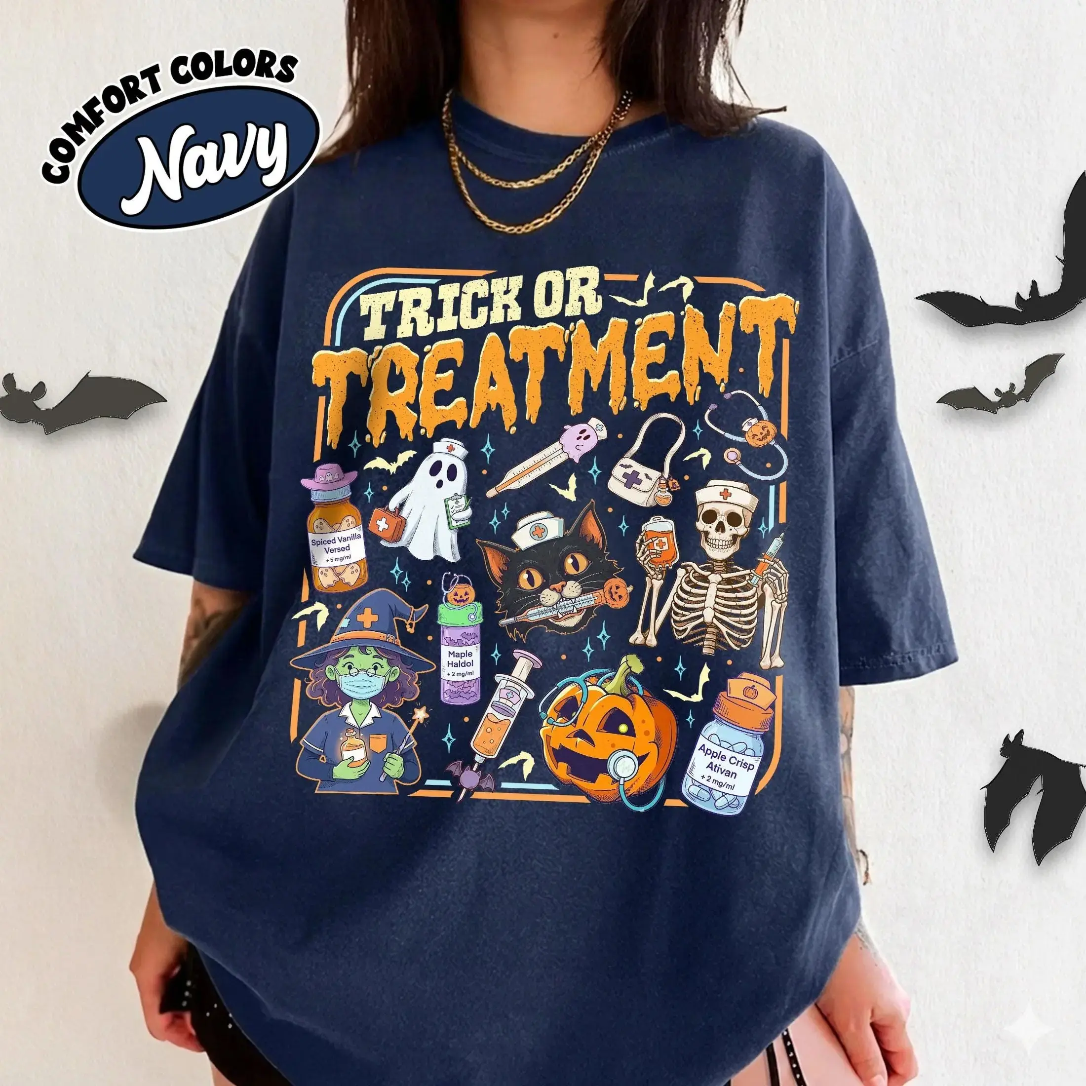Treat Or Treatment Halloween Nurse Shirt, Comfort Colors Spooky Ghost Nursing Student RN Graphic Tee Gift - photo 3