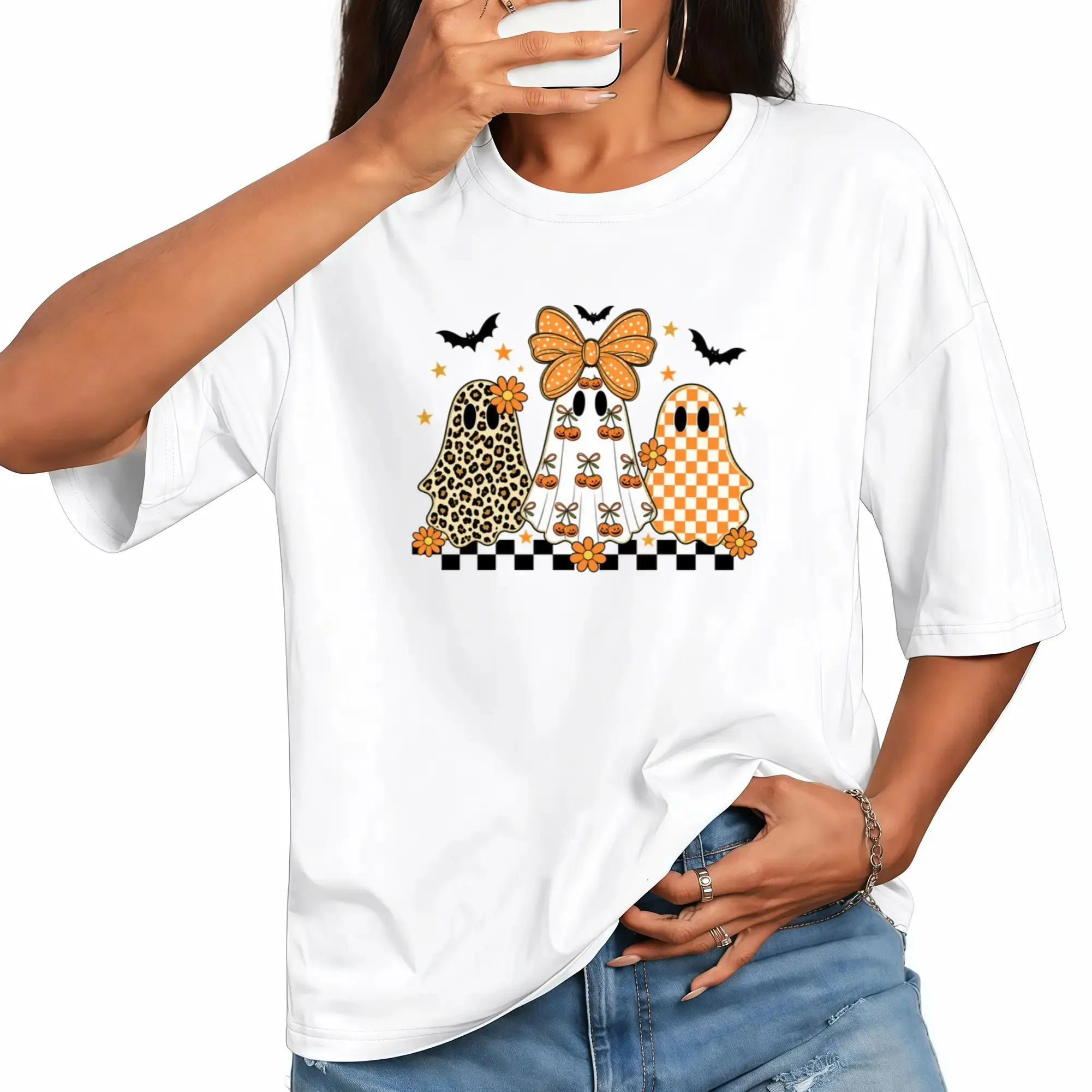 Trendy Ghost Shirt, Women's Checkered Halloween Spooky Season Graphic Tee, Casual Short Sleeve Cute Fall Top