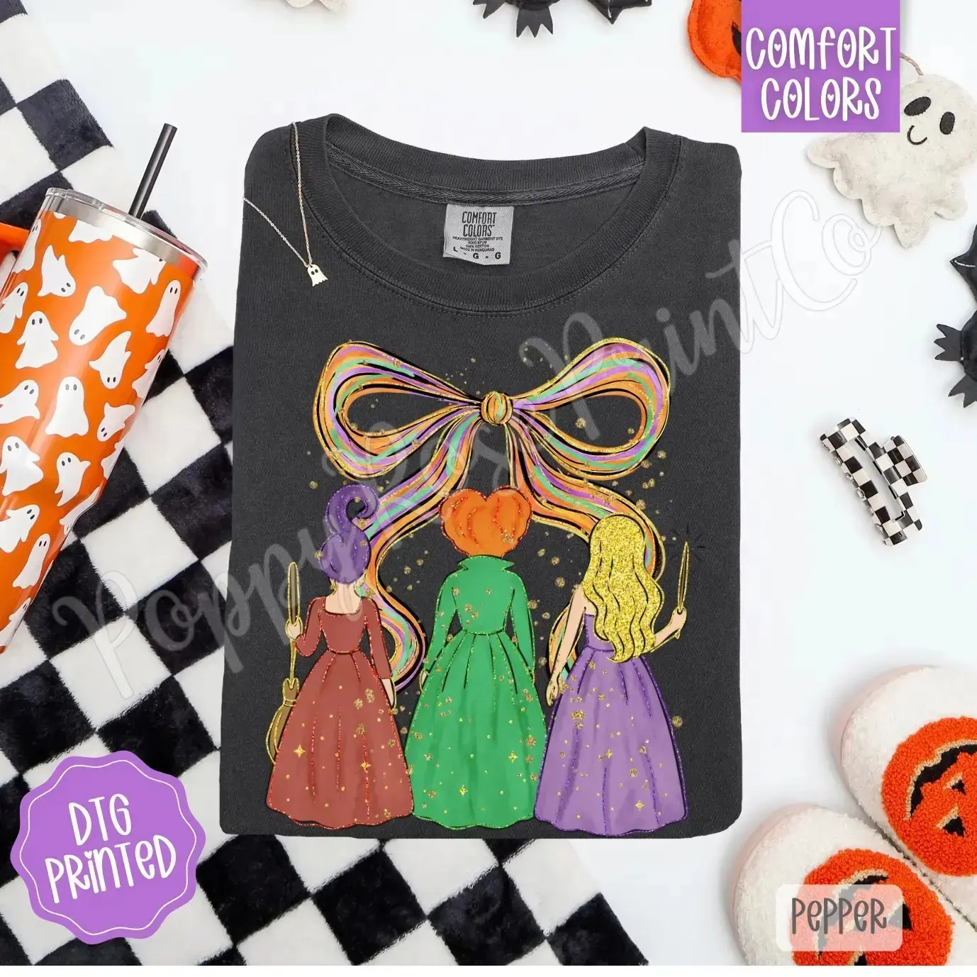 Trendy Preppy Witch Shirt, Womens Fall Comfort Colors Graphic Tee, Spooky Season Halloween Retro Witchy Vibes Cute - photo 3