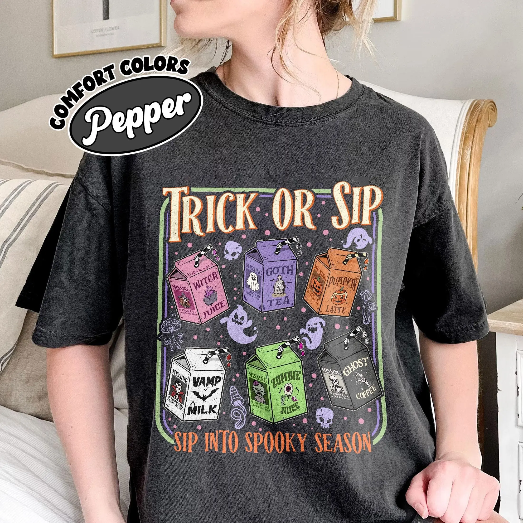 Trick Or Sip Comfort Colors Shirt, Spooky Halloween Drinks Tee, Cute Retro Juice Box Tshirt, Ghost Coffee Fall Gifts