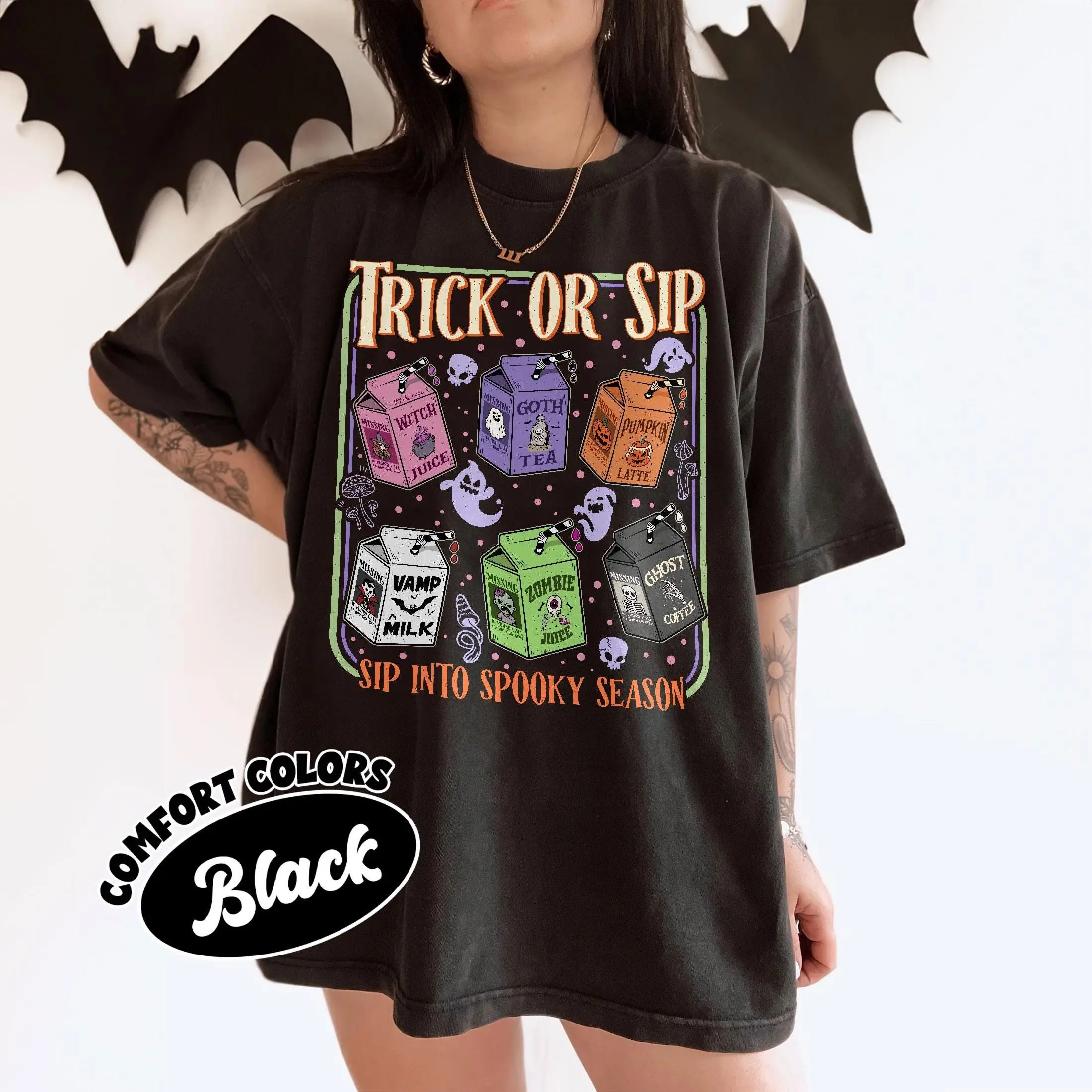 Trick Or Sip Comfort Colors Shirt, Spooky Halloween Drinks Tee, Cute Retro Juice Box Tshirt, Ghost Coffee Fall Gifts - photo 3