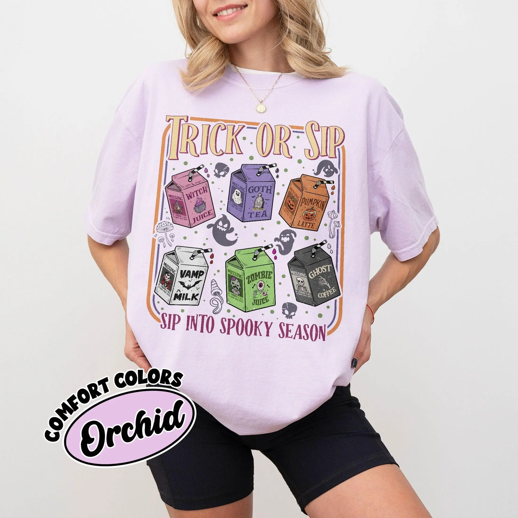 Trick Or Sip Comfort Colors Shirt, Spooky Halloween Drinks Tee, Cute Retro Juice Box Tshirt, Ghost Coffee Fall Gifts - photo 5