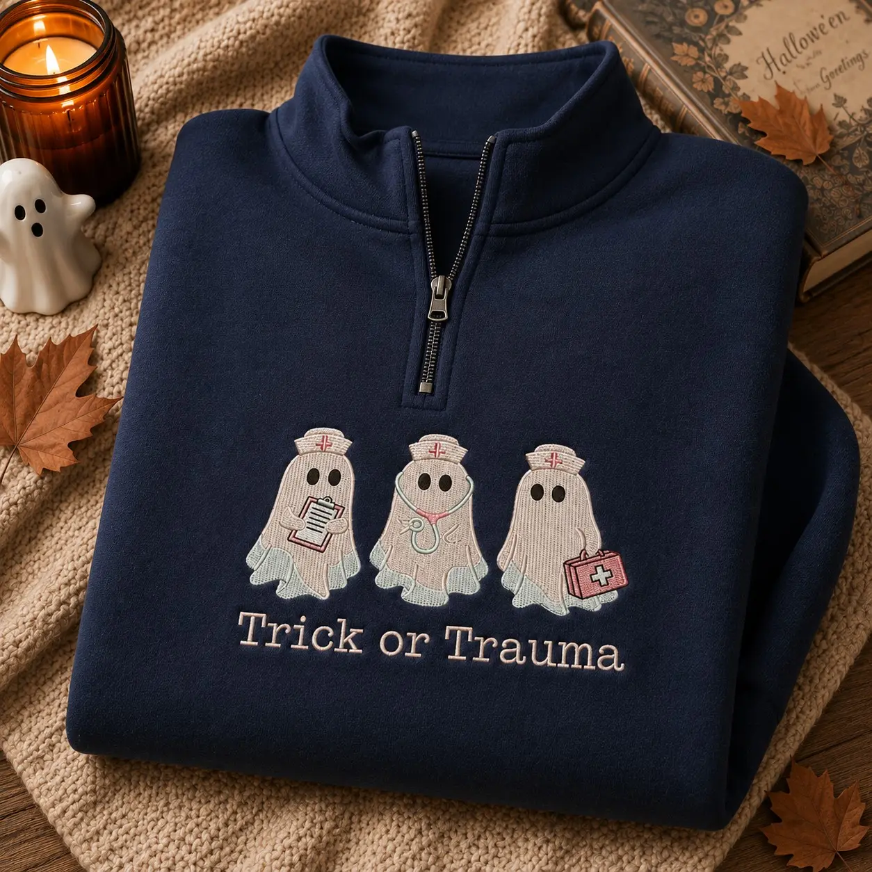 Trick Or Trauma Ghost Nurse Embroidery Quarter-Zip Sweatshirt, Spooky Halloween ER Healthcare Medical Gift