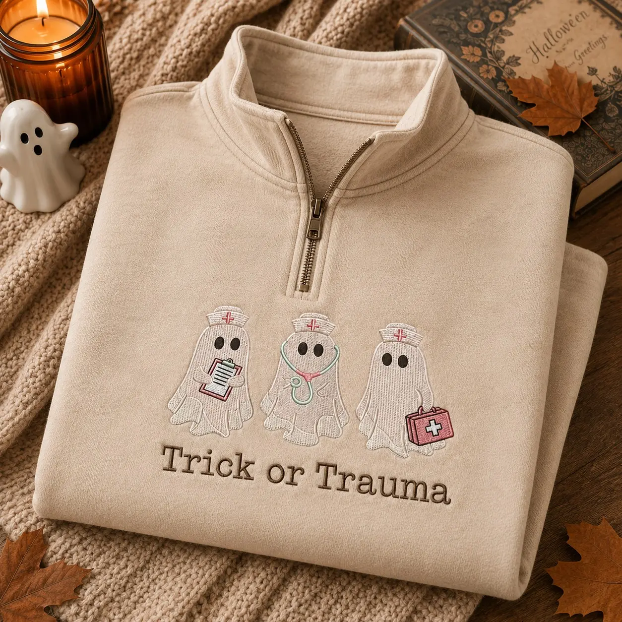 Trick Or Trauma Ghost Nurse Embroidery Quarter-Zip Sweatshirt, Spooky Halloween ER Healthcare Medical Gift - photo 2