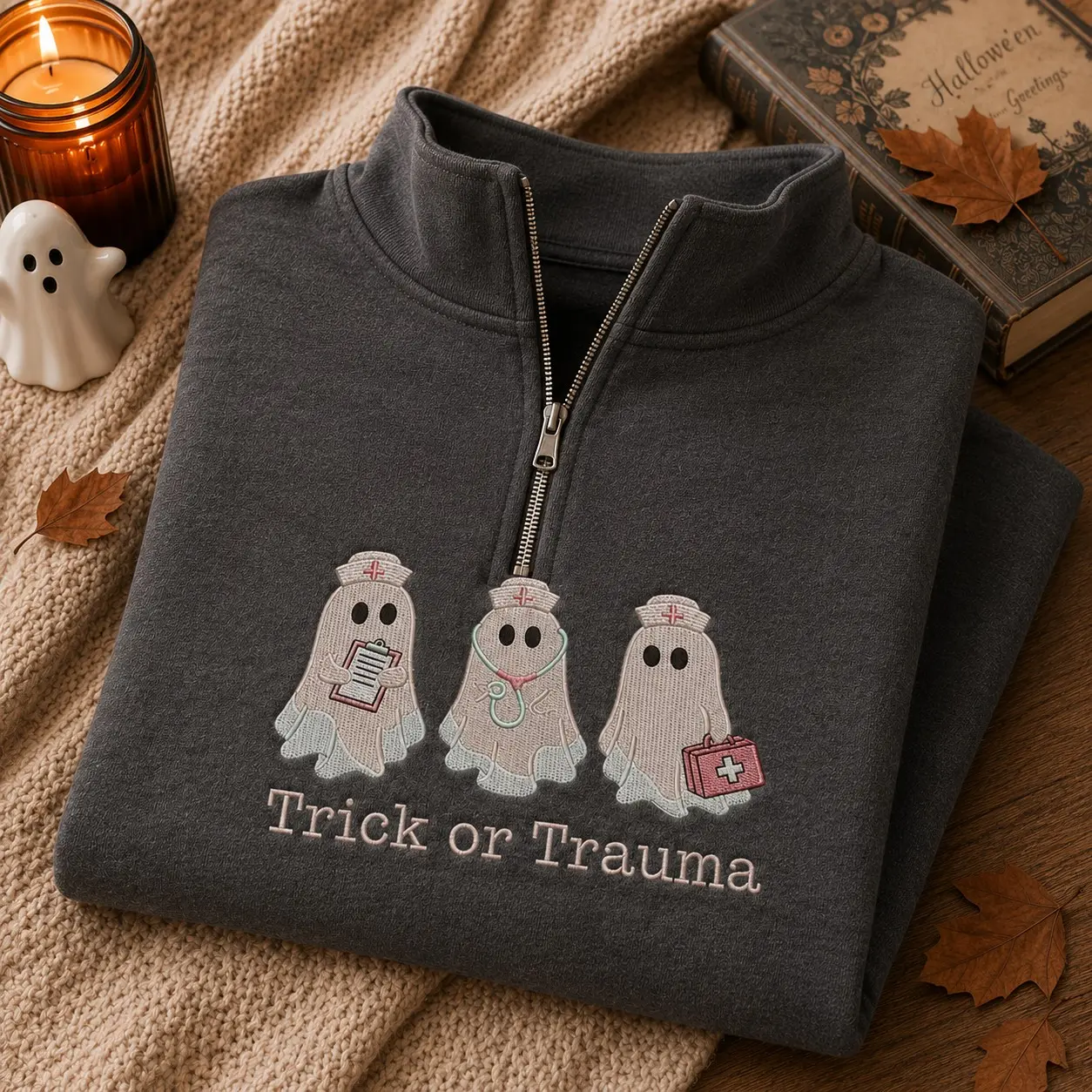 Trick Or Trauma Ghost Nurse Embroidery Quarter-Zip Sweatshirt, Spooky Halloween ER Healthcare Medical Gift - photo 3