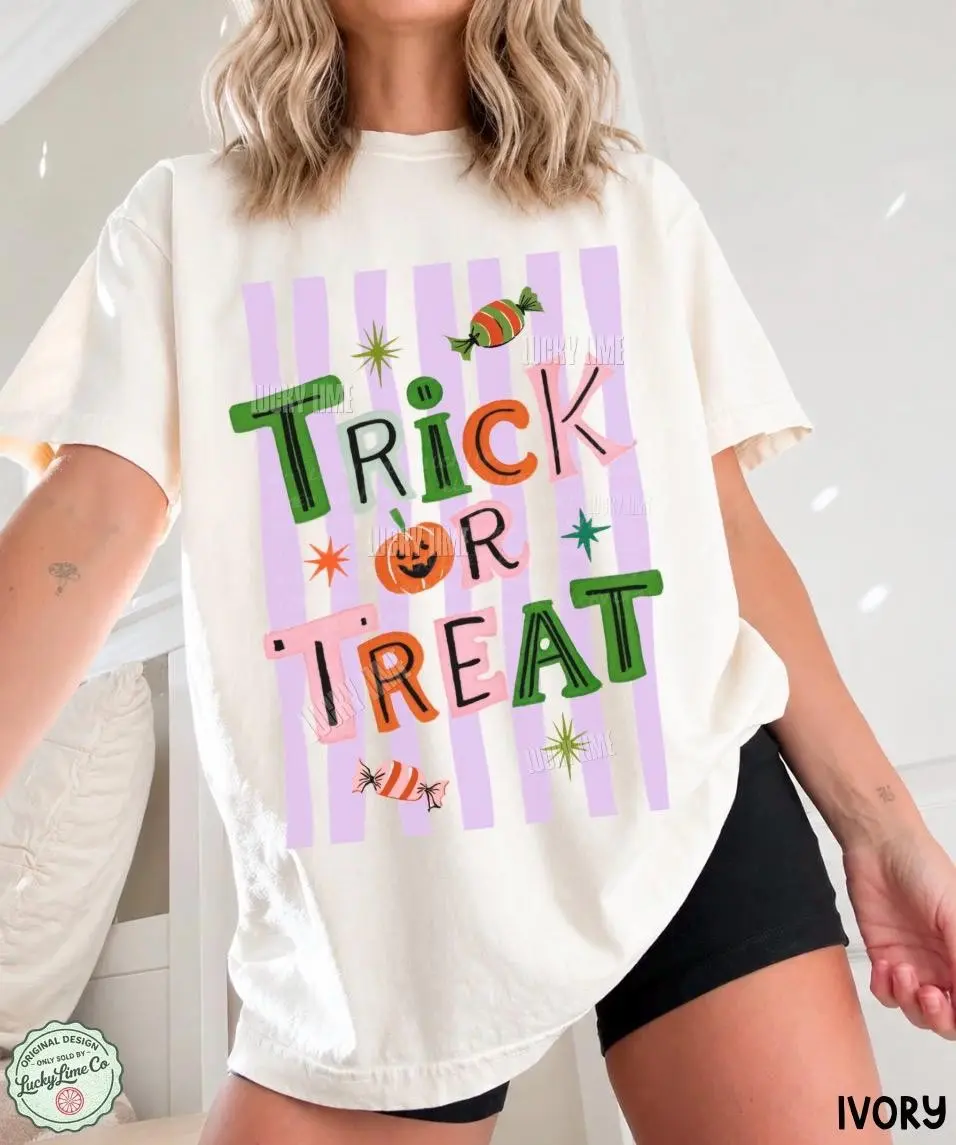Comfort Colors Trick Or Treat Shirt, Preppy Retro Pumpkin Halloween Tee, Spooky Season Womens Fall Graphic Top