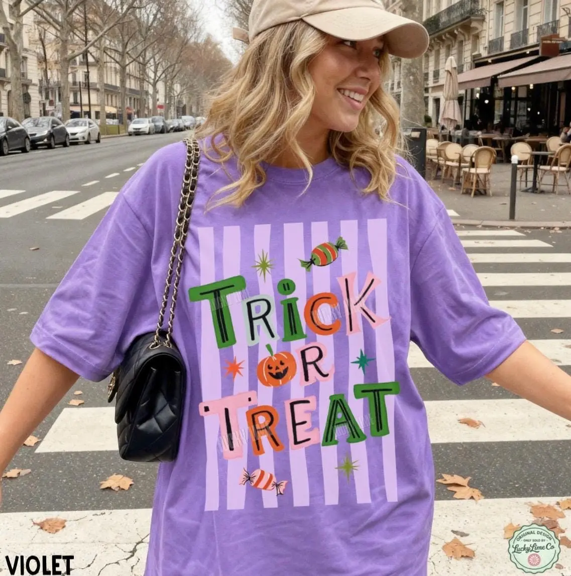 Comfort Colors Trick Or Treat Shirt, Preppy Retro Pumpkin Halloween Tee, Spooky Season Womens Fall Graphic Top - photo 4