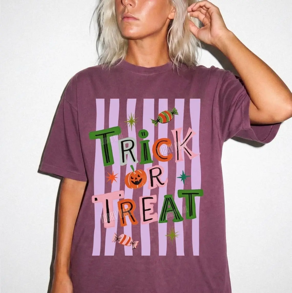 Comfort Colors Trick Or Treat Shirt, Preppy Retro Halloween Tee, Pumpkin Spooky Season Graphic Top - photo 4