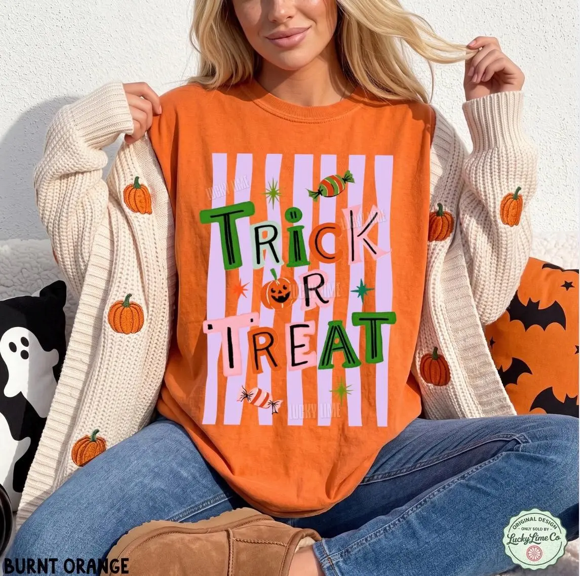 Comfort Colors Trick Or Treat Shirt, Preppy Retro Halloween Tee, Pumpkin Spooky Season Graphic Top - photo 5