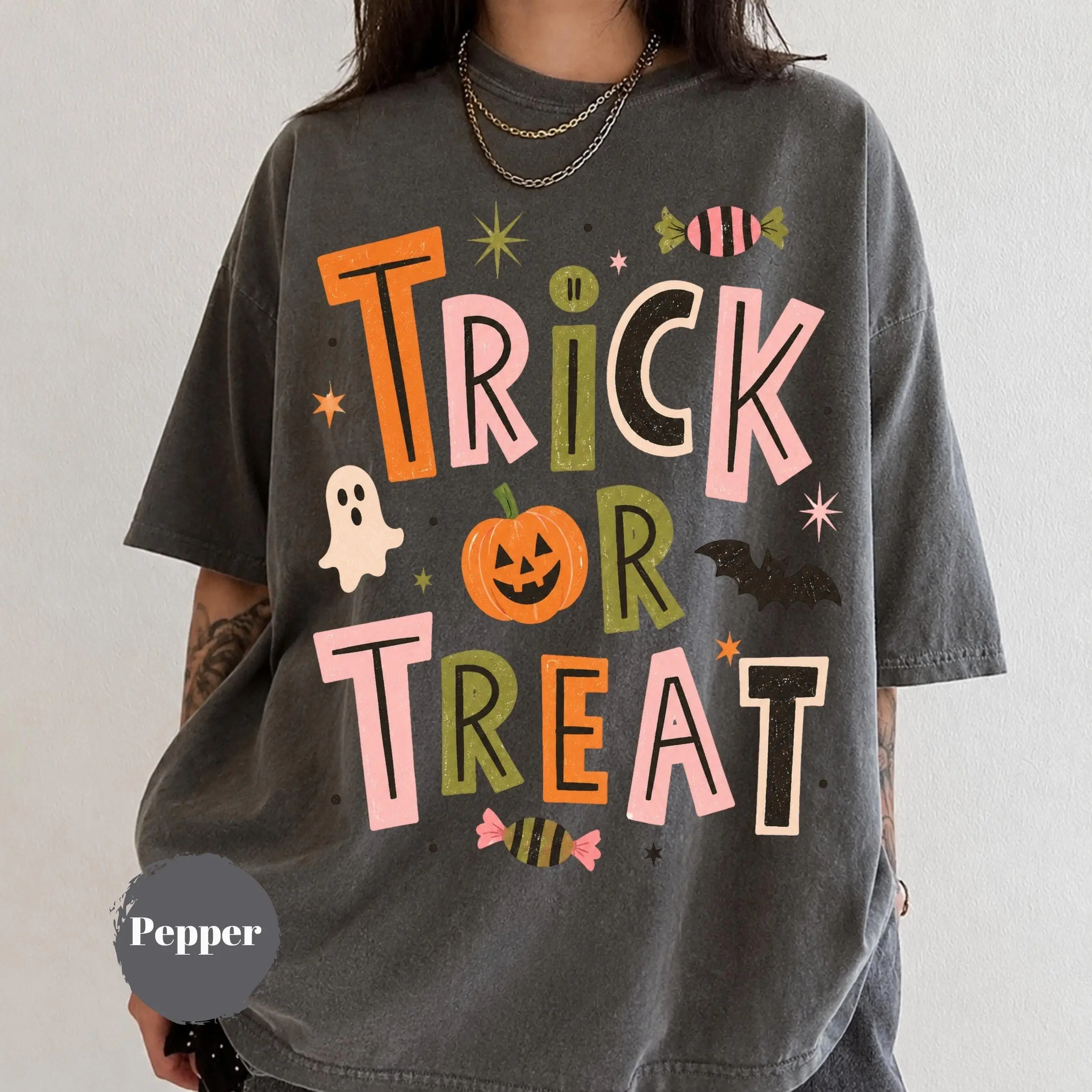 Vintage Trick or Treat Shirt, Retro Pumpkin Halloween Graphic Tee, Spooky Season Fall Gift for Women - photo 2