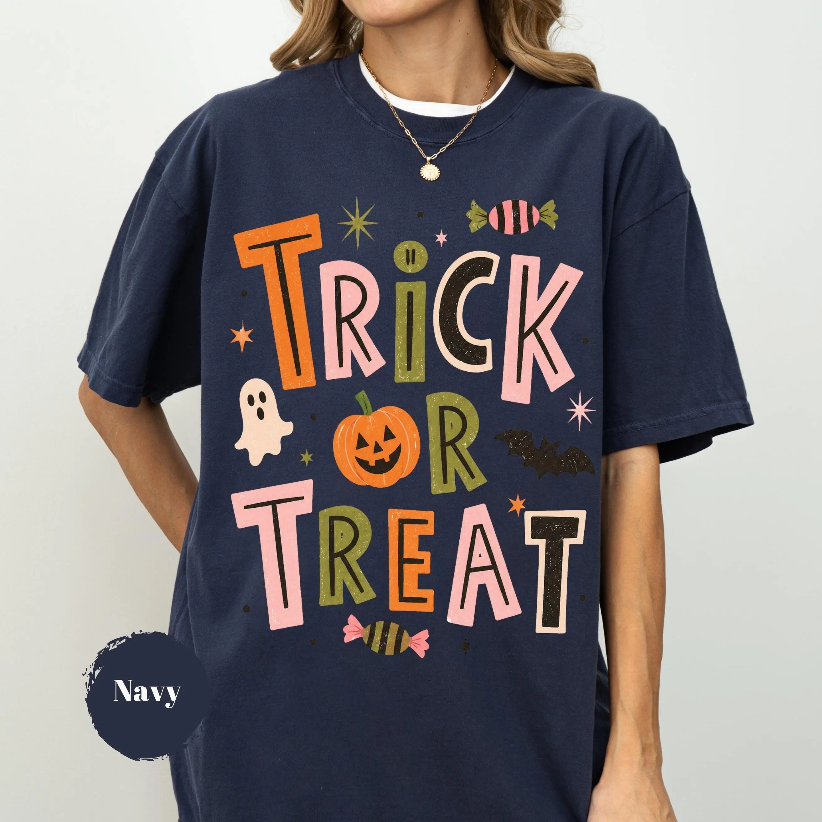 Vintage Trick or Treat Shirt, Retro Pumpkin Halloween Graphic Tee, Spooky Season Fall Gift for Women - photo 3