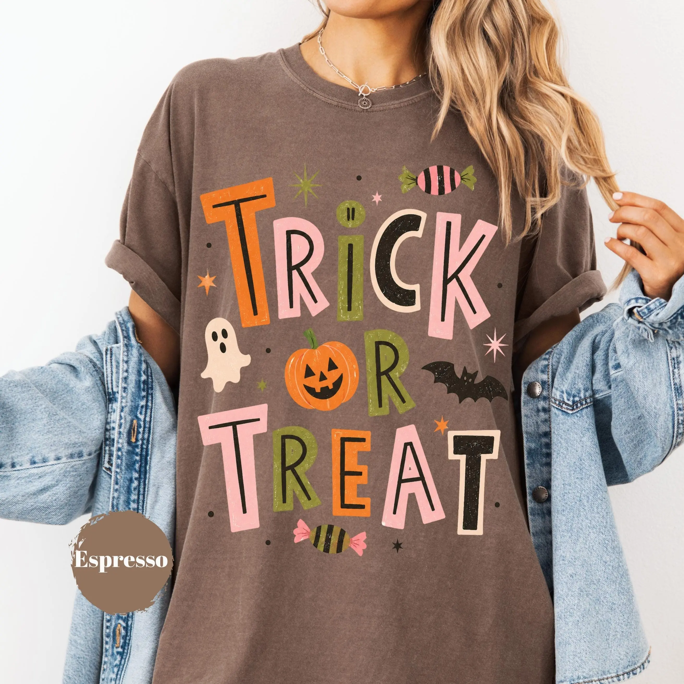 Vintage Trick or Treat Shirt, Retro Pumpkin Halloween Graphic Tee, Spooky Season Fall Gift for Women - photo 4
