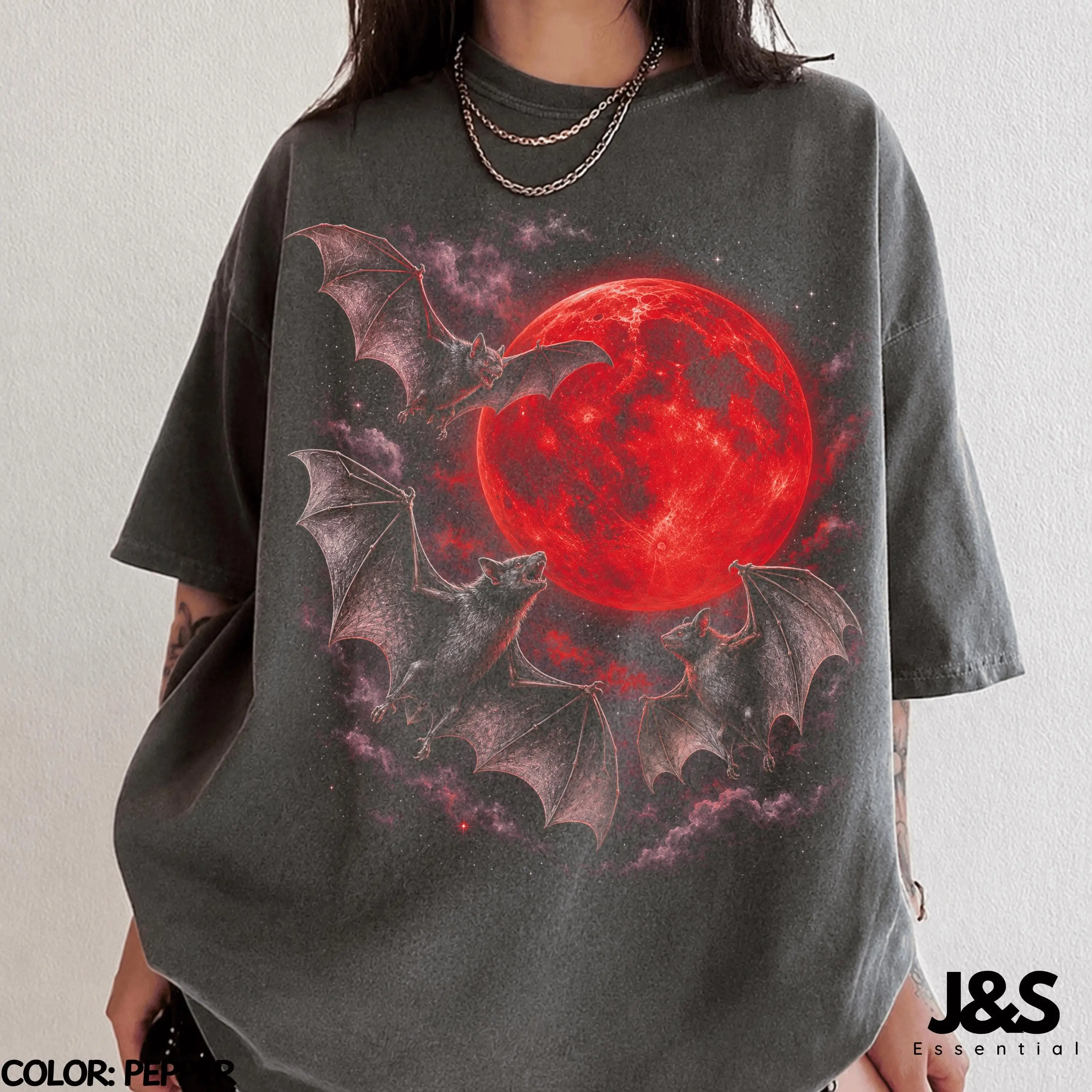 Vampire Bat Moon Halloween T-Shirt, Red Blood Gothic Comfort Colors Graphic Tee, Spooky Lover Gift - photo 1