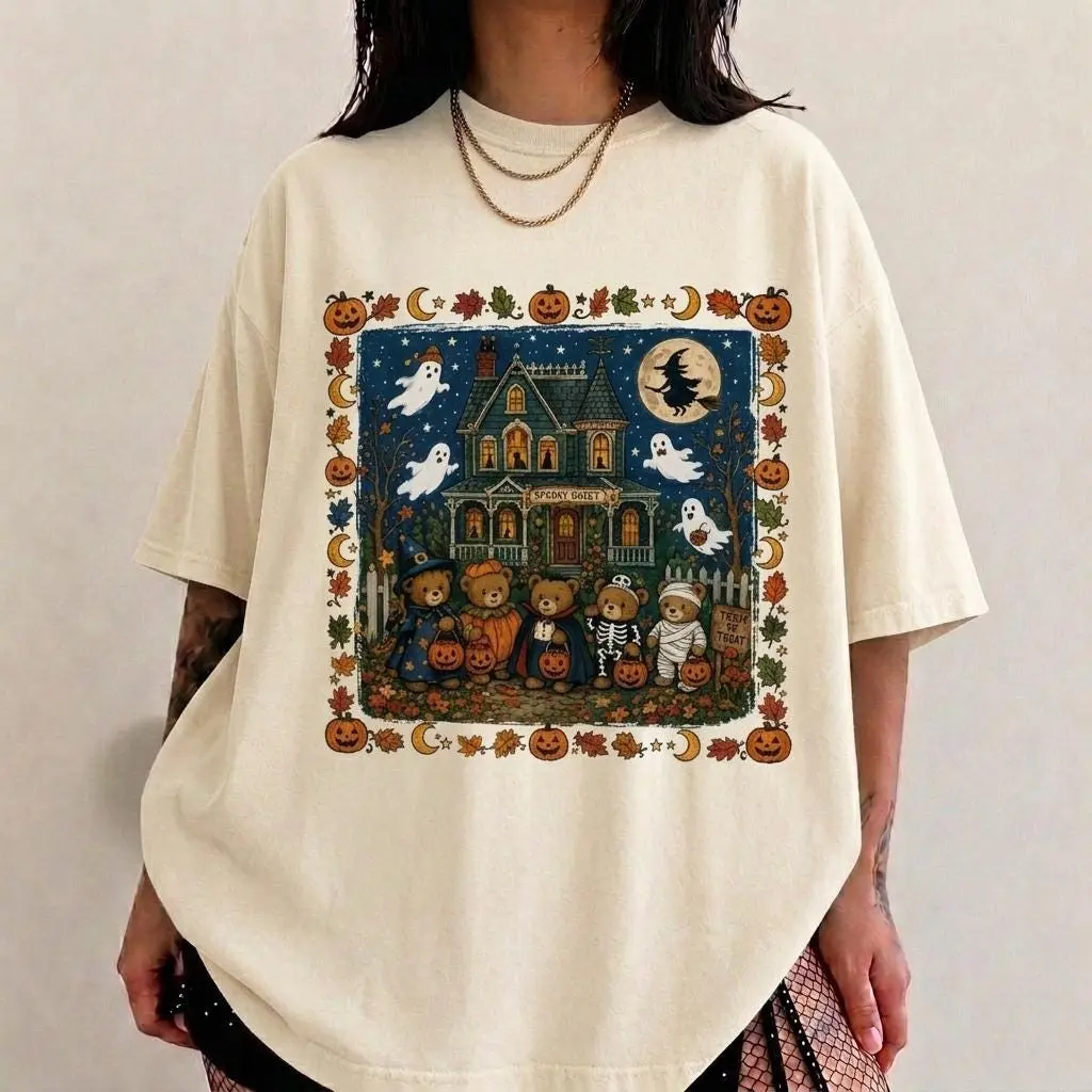 Comfort Colors Vintage 90s Bears Halloween Shirt, Trick or Treat Haunted House Pumpkin Tee for Women