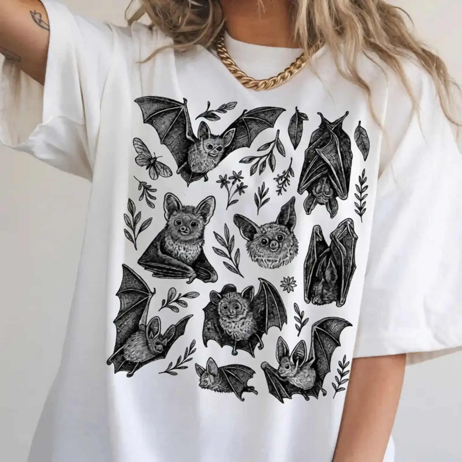 Vintage 90s Bats Gothic Cottagecore Graphic Tee, Dark Aesthetic Spooky Halloween Shirt for Women - photo 2