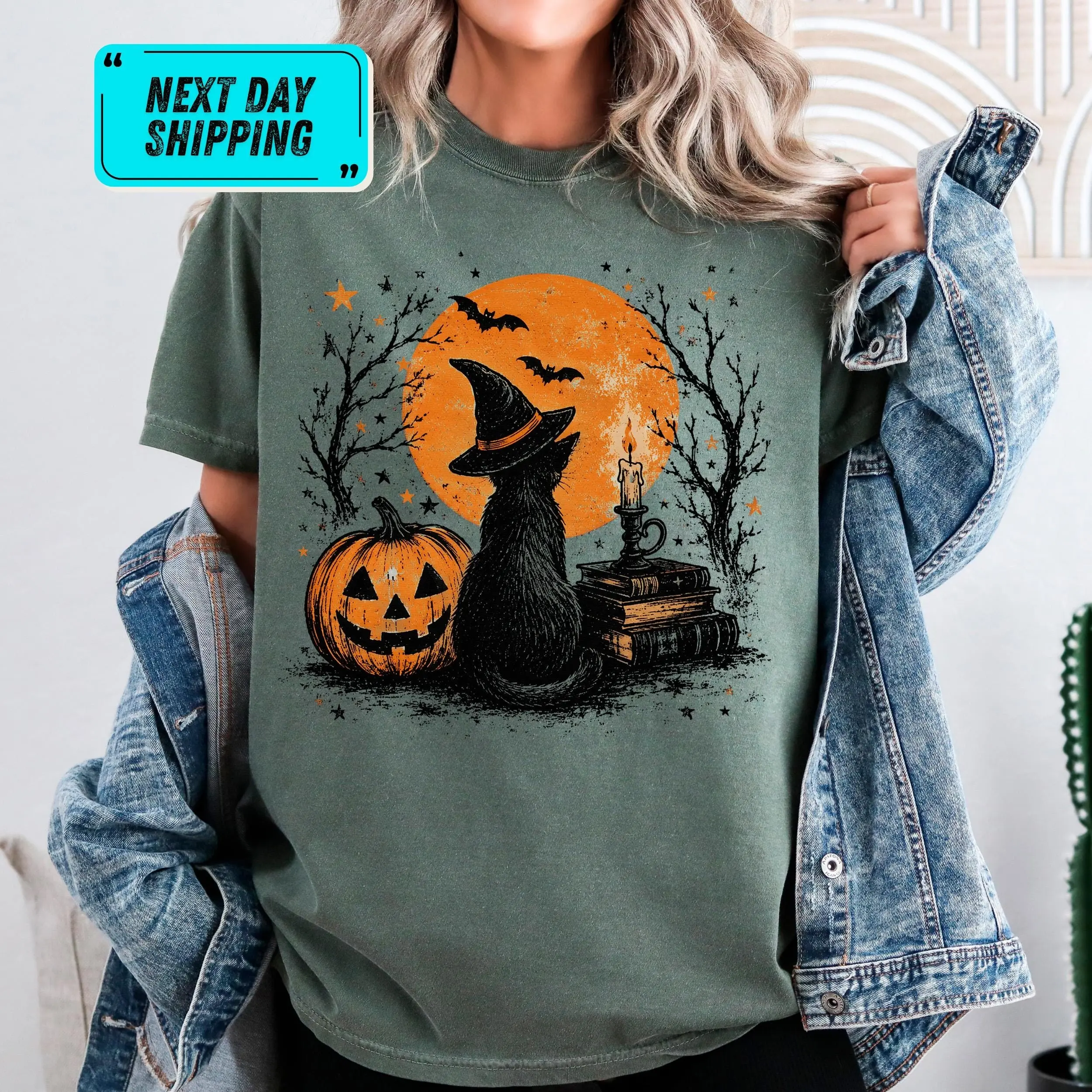 Vintage Black Cat Halloween Shirt, Witch Graphic Comfort Colors Spooky Season Pumpkin Lover Fall Tee for Women