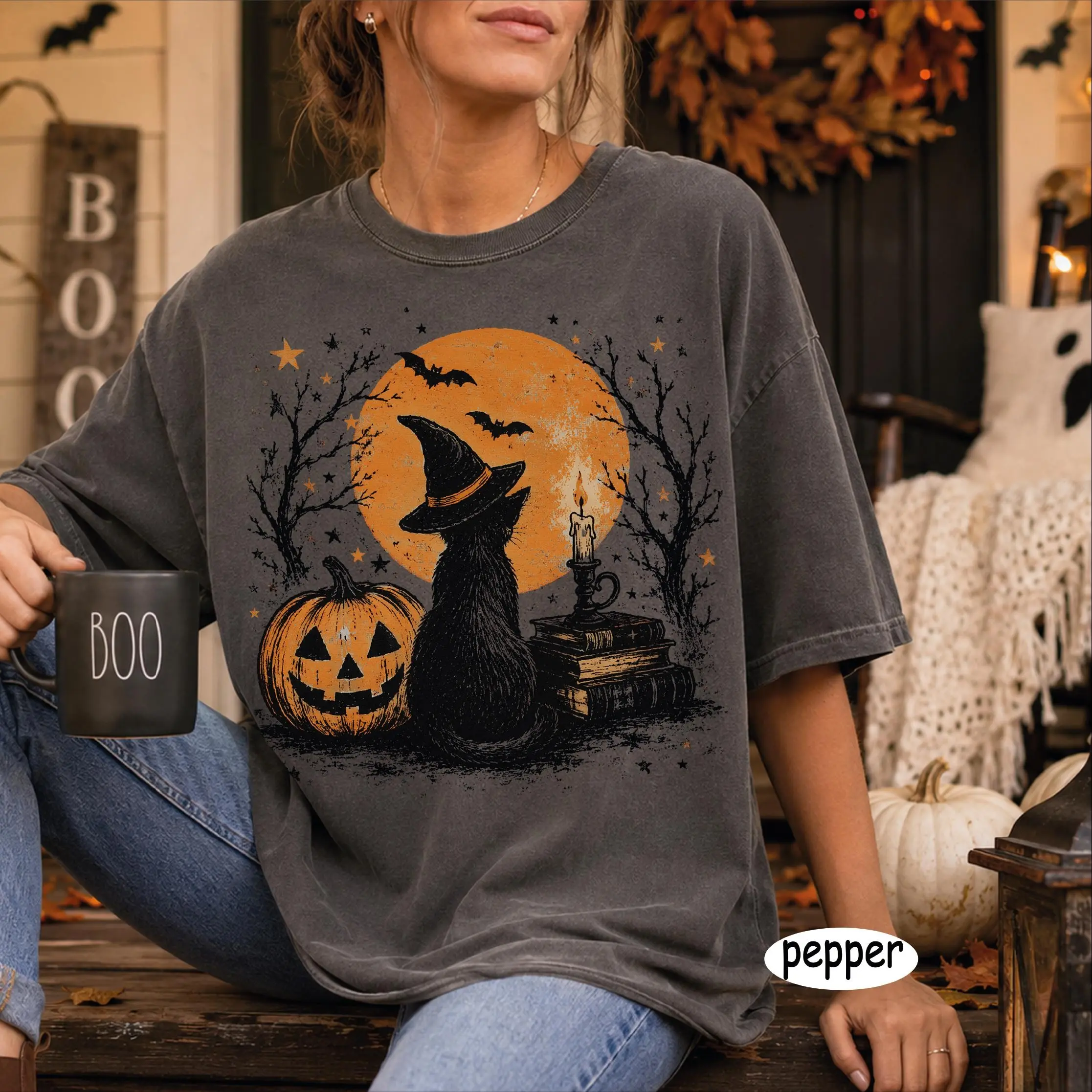 Comfort Colors Vintage Black Cat Halloween Shirt, Witch Pumpkin Moon Spooky Season Cottagecore Fall Cat Lover Gift